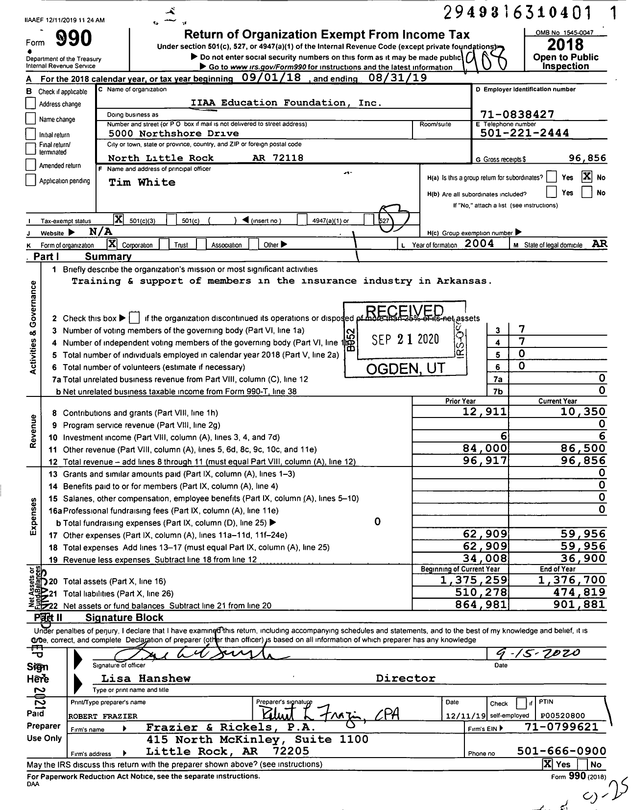 Image of first page of 2018 Form 990 for Iiaa Education Foundation