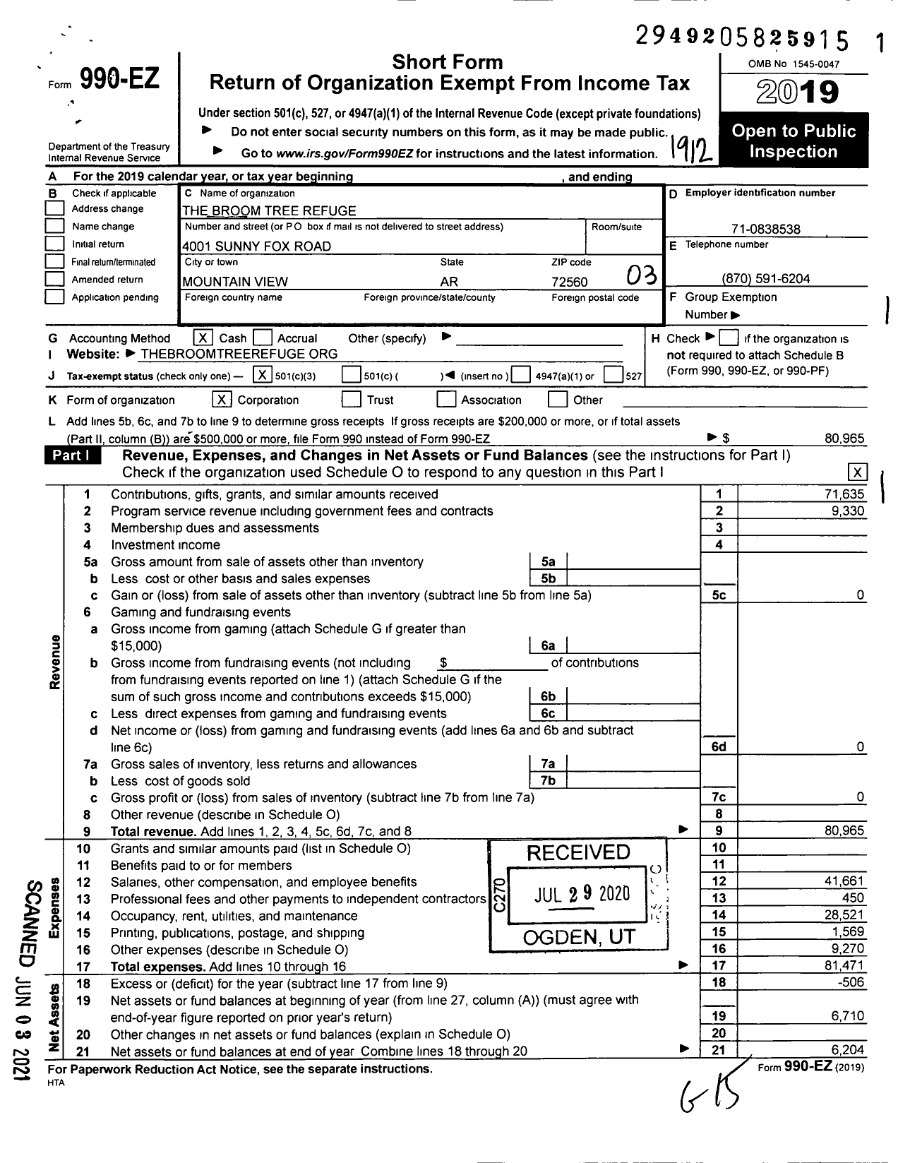 Image of first page of 2019 Form 990EZ for The Broom Tree Refuge