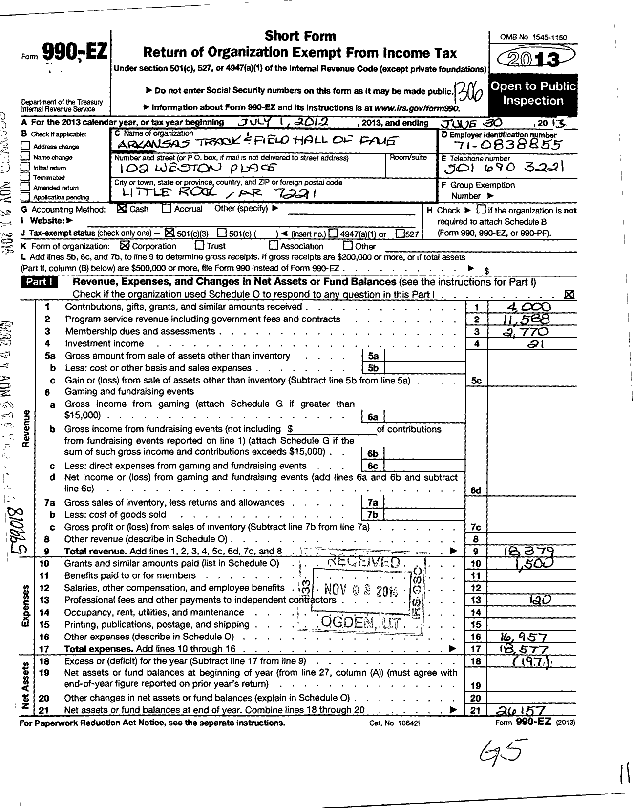 Image of first page of 2012 Form 990EZ for Arkansas Track and Field Hall of Fame