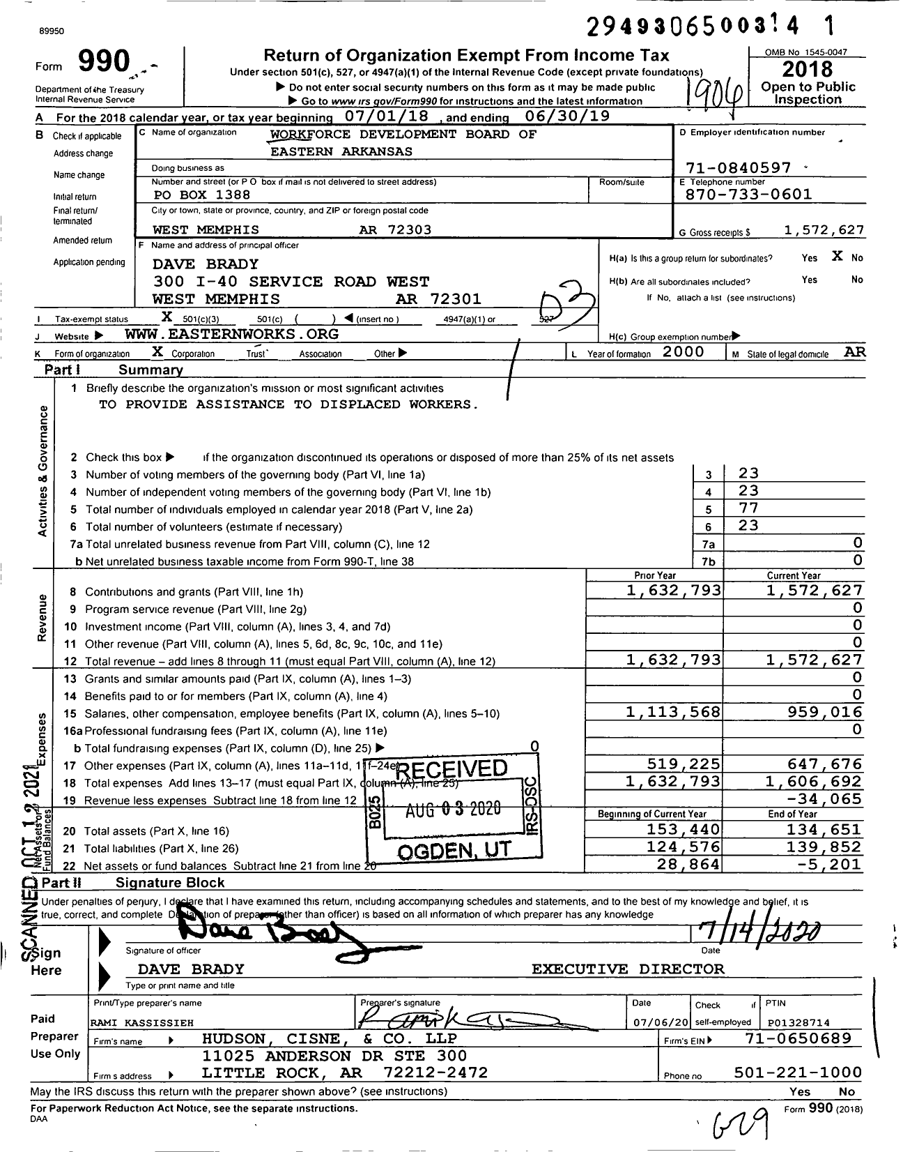 Image of first page of 2018 Form 990 for Workforce Development Board of Eastern Arkansas