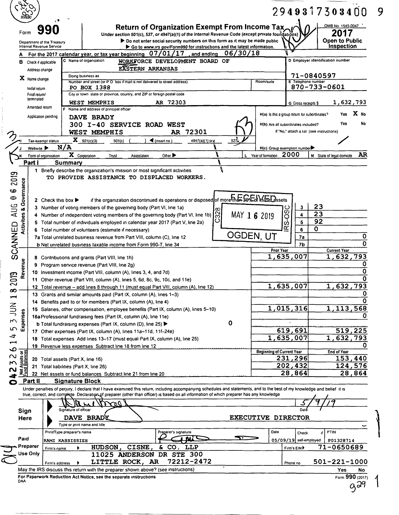 Image of first page of 2017 Form 990 for Workforce Development Board of Eastern Arkansas