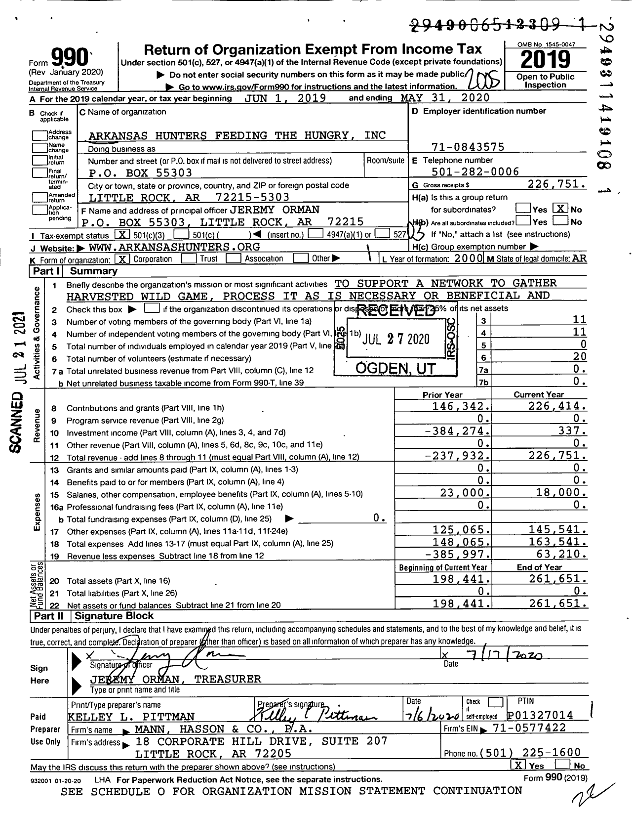 Image of first page of 2019 Form 990 for Arkansas Hunters Feeding the Hungry