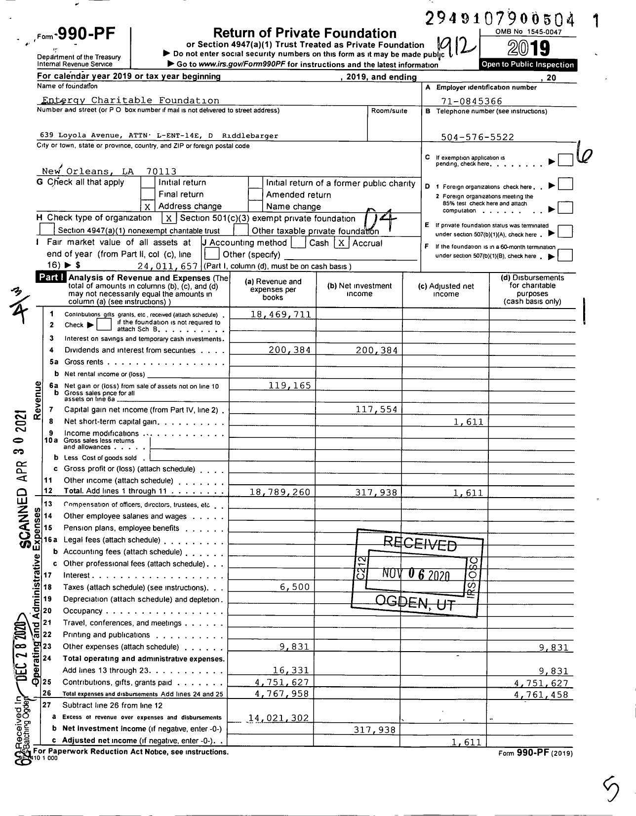 Image of first page of 2019 Form 990PF for Entergy Charitable Foundation