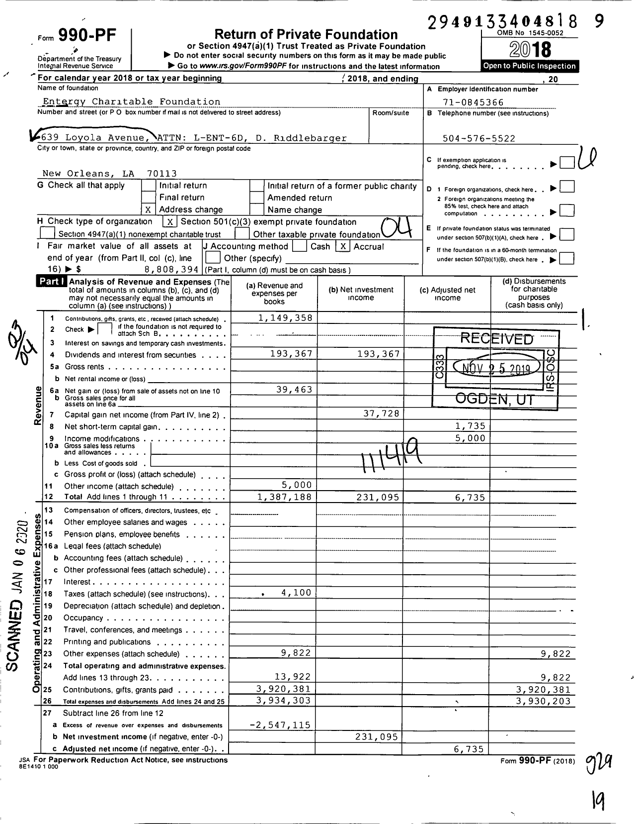 Image of first page of 2018 Form 990PF for Entergy Charitable Foundation