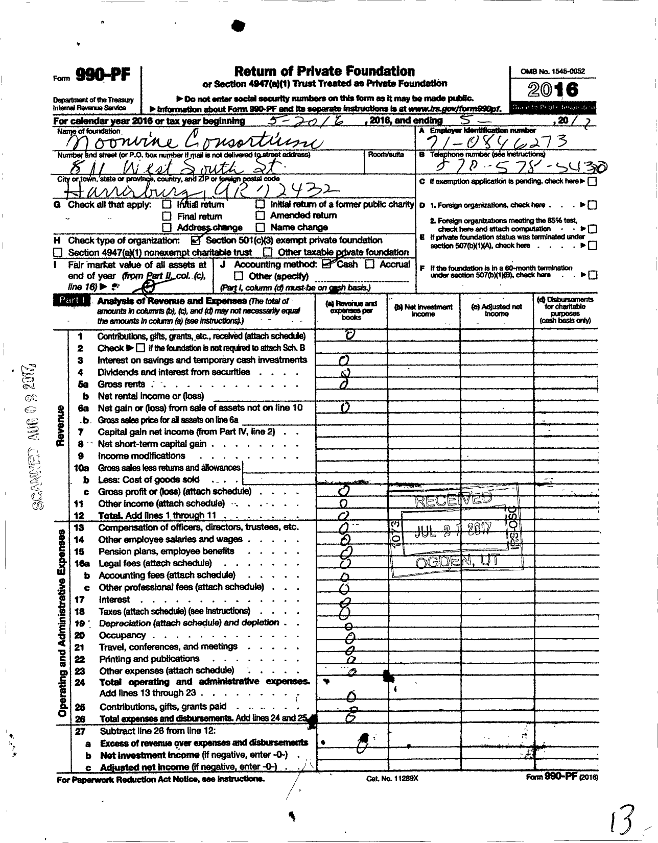 Image of first page of 2016 Form 990PF for Moonvine Consortium