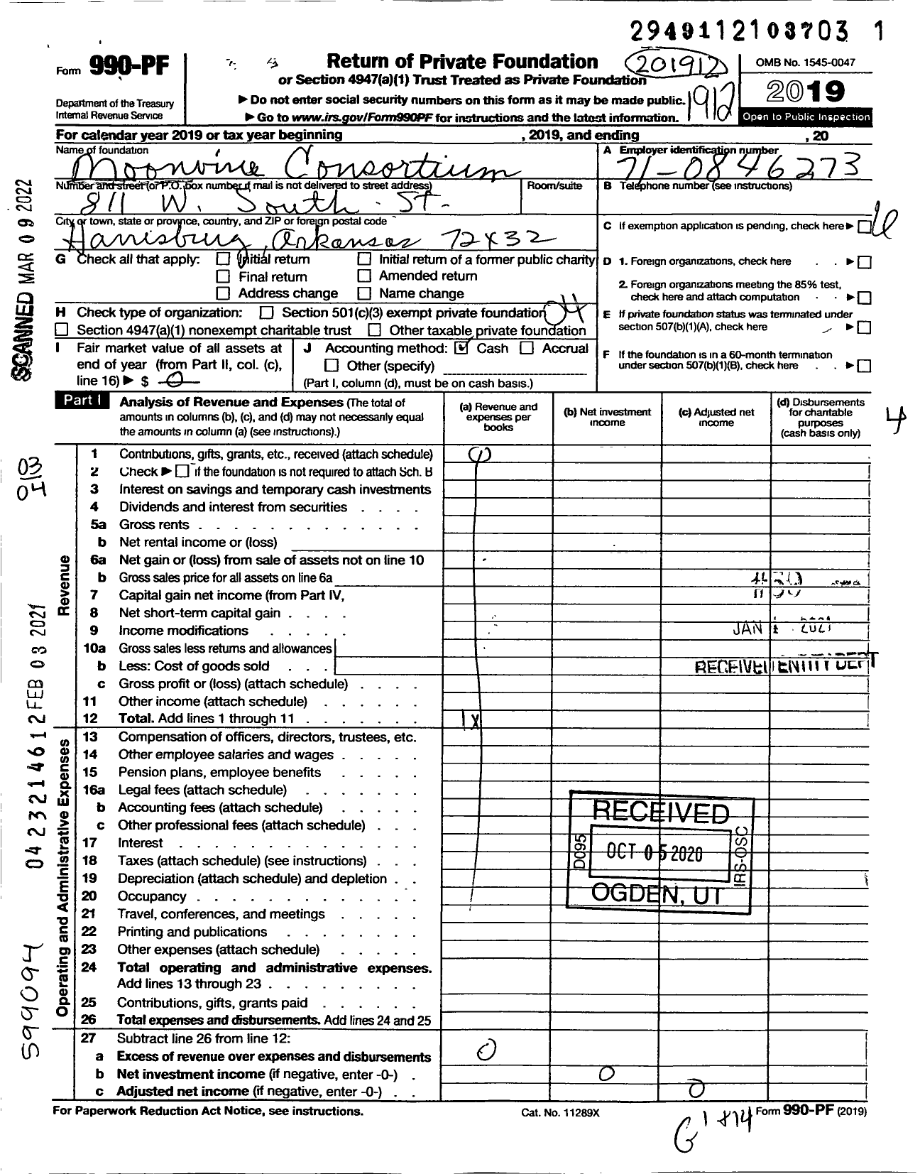 Image of first page of 2019 Form 990PF for Moonvine Consortium