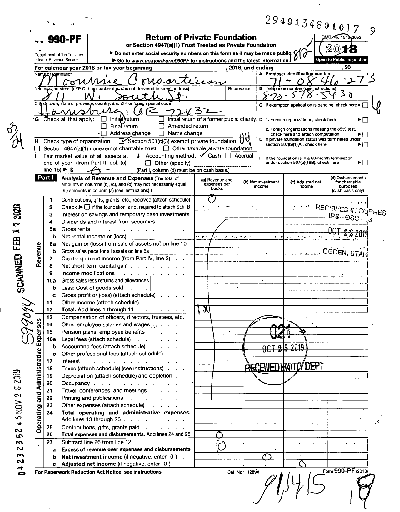 Image of first page of 2018 Form 990PF for Moonvine Consortium