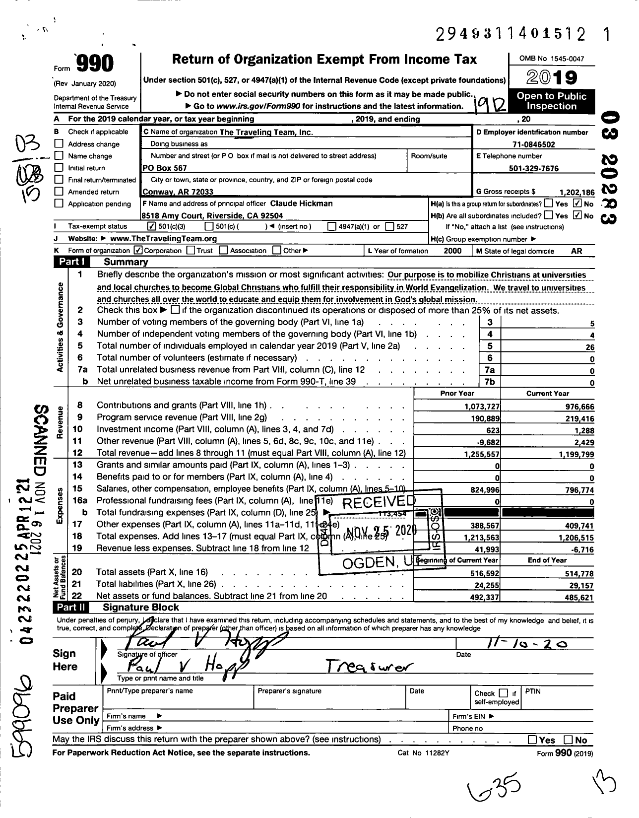 Image of first page of 2019 Form 990 for Traveling Team