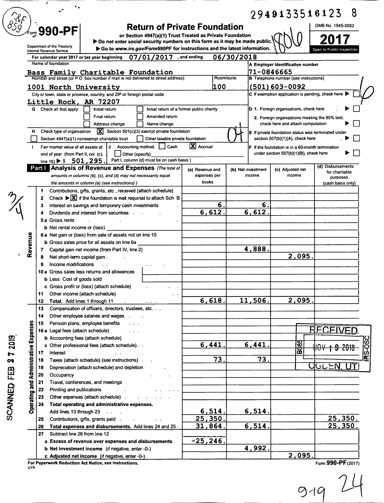 Image of first page of 2017 Form 990PF for Bass Family Charitable Foundation