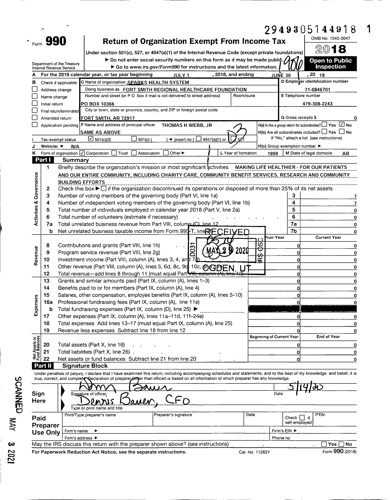 Image of first page of 2018 Form 990 for Fort Smith Regional Healthcare Foundation / Sparks Health System