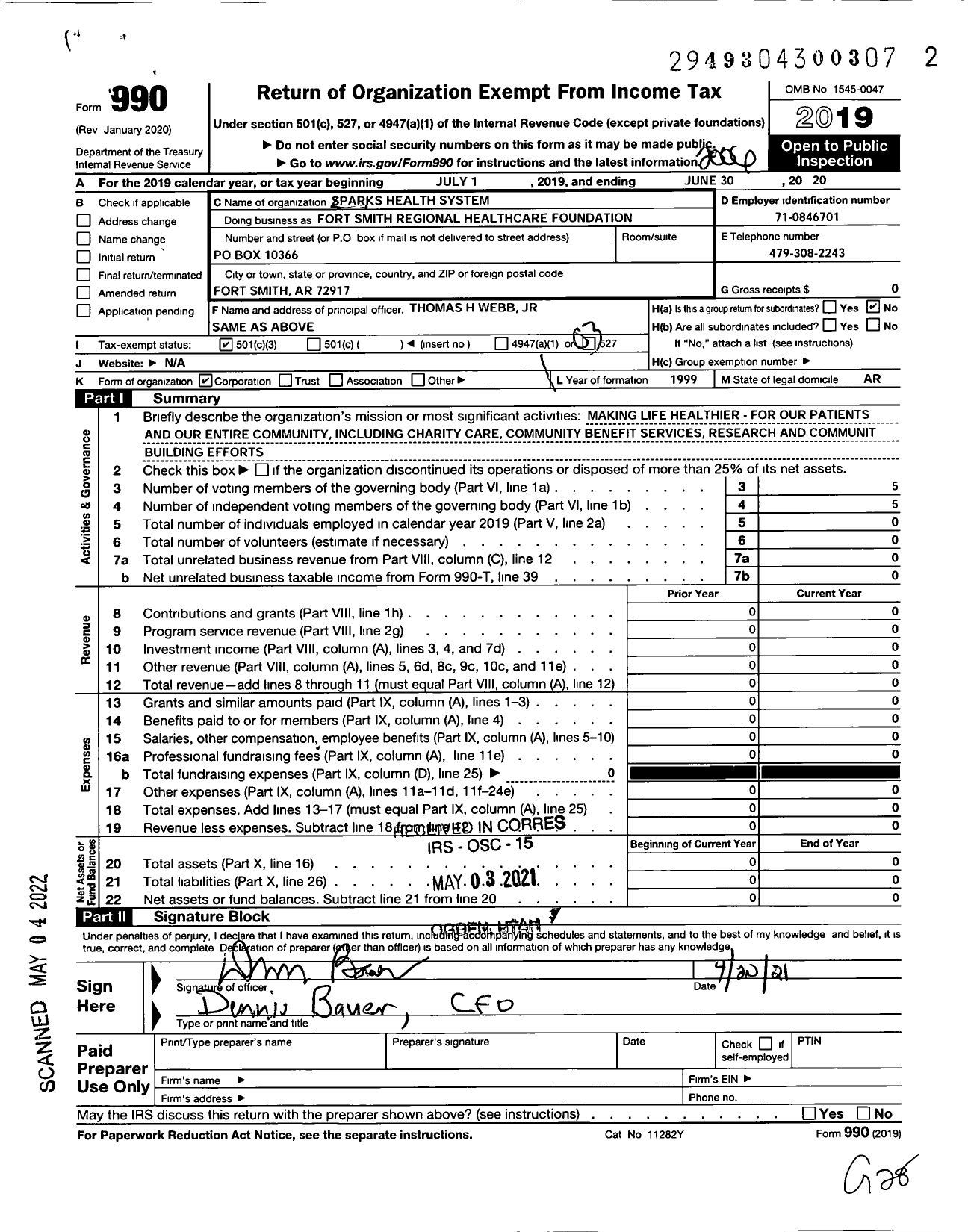 Image of first page of 2019 Form 990 for Fort Smith Regional Healthcare Foundation / Sparks Health System