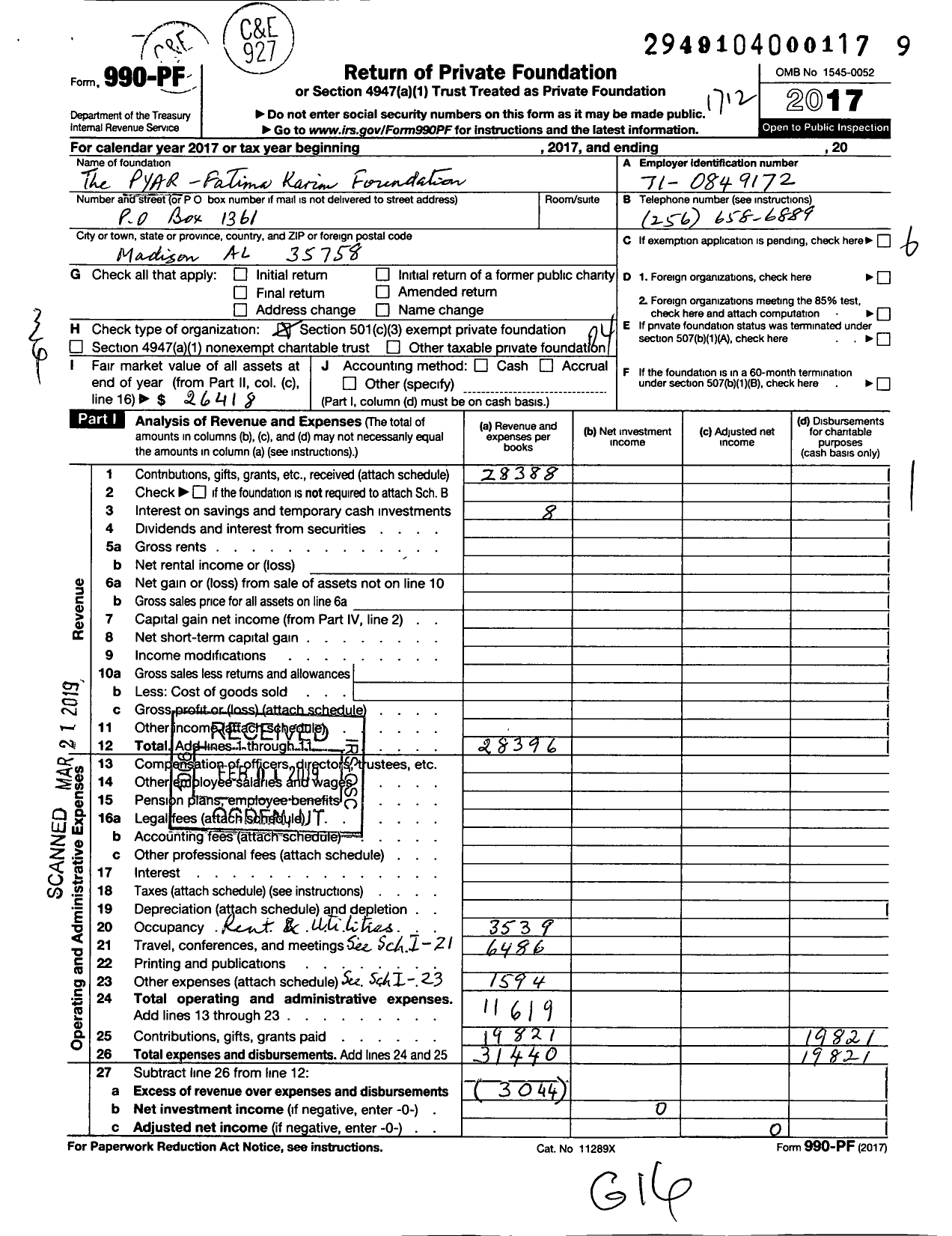 Image of first page of 2017 Form 990PF for Pyar Fatima Karim Foundation