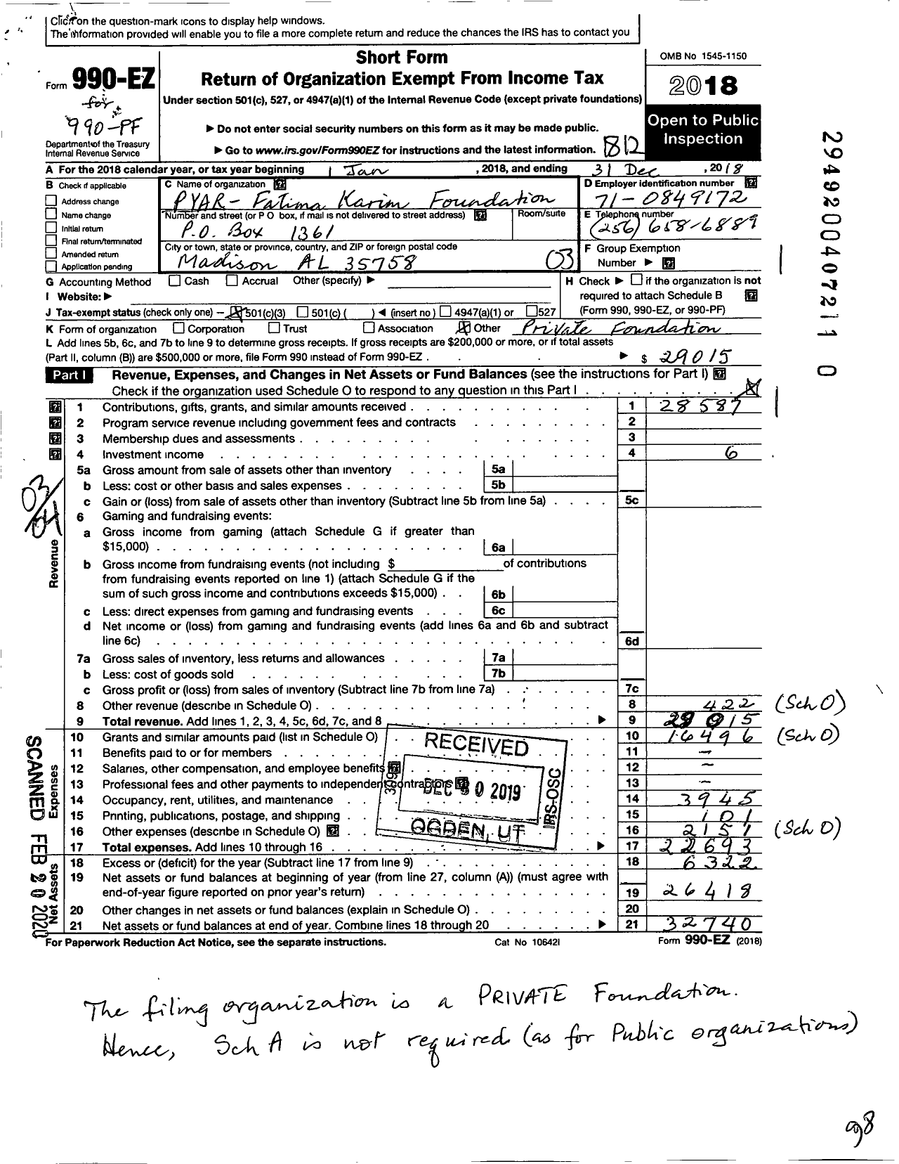 Image of first page of 2018 Form 990EZ for Pyar Fatima Karim Foundation