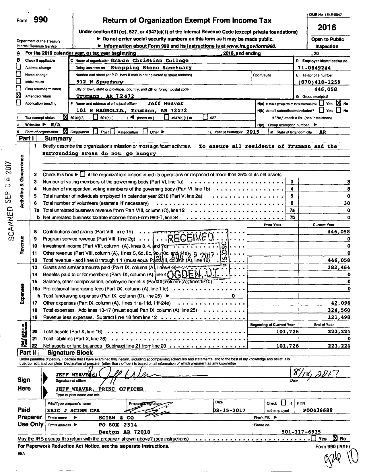 Image of first page of 2016 Form 990 for Stepping Stone Sanctuary