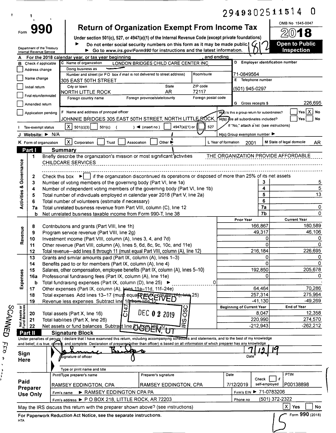 Image of first page of 2018 Form 990 for London Bridges Child Care Center