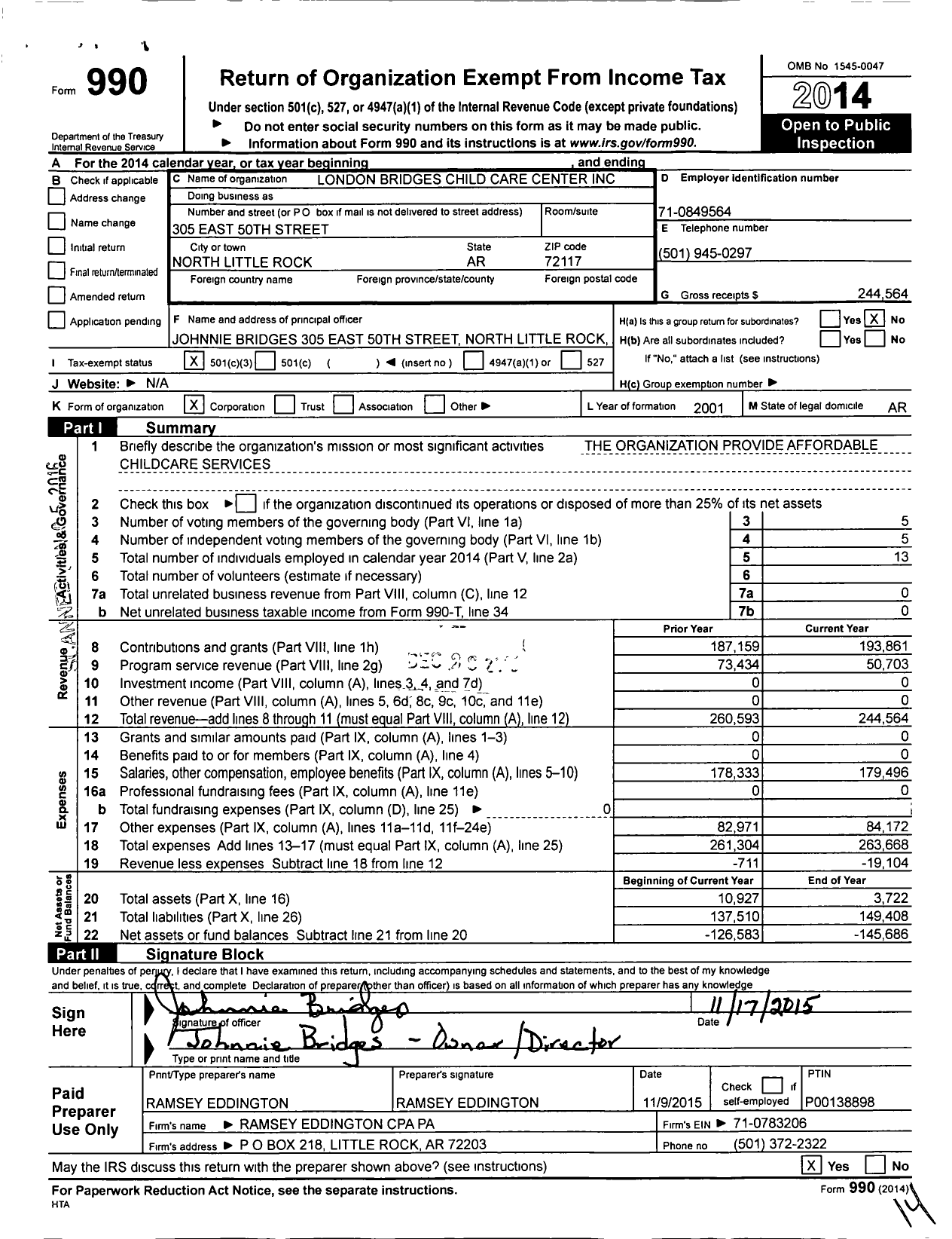 Image of first page of 2014 Form 990 for London Bridges Child Care Center