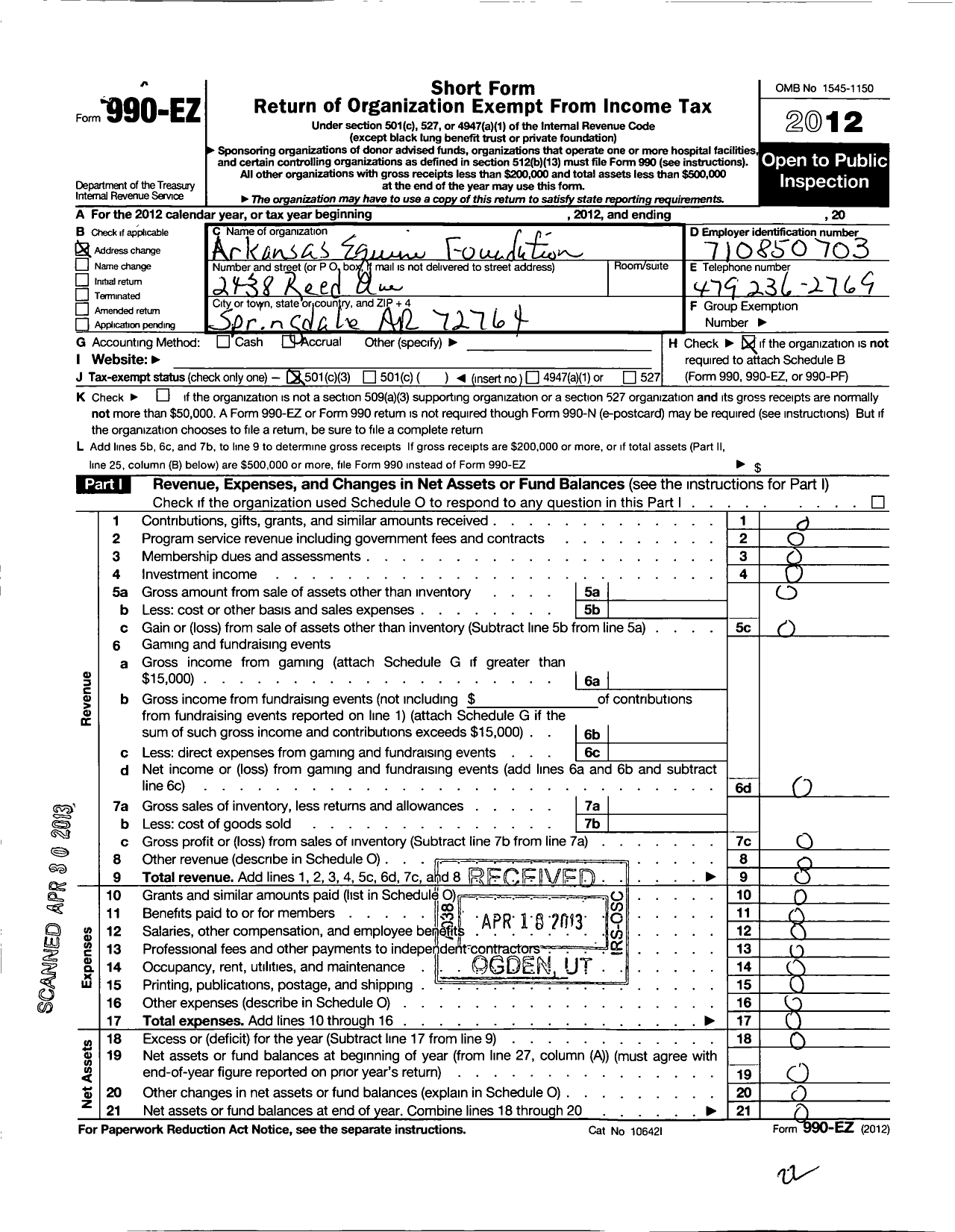 Image of first page of 2012 Form 990EZ for Arkansas Equine Foundation