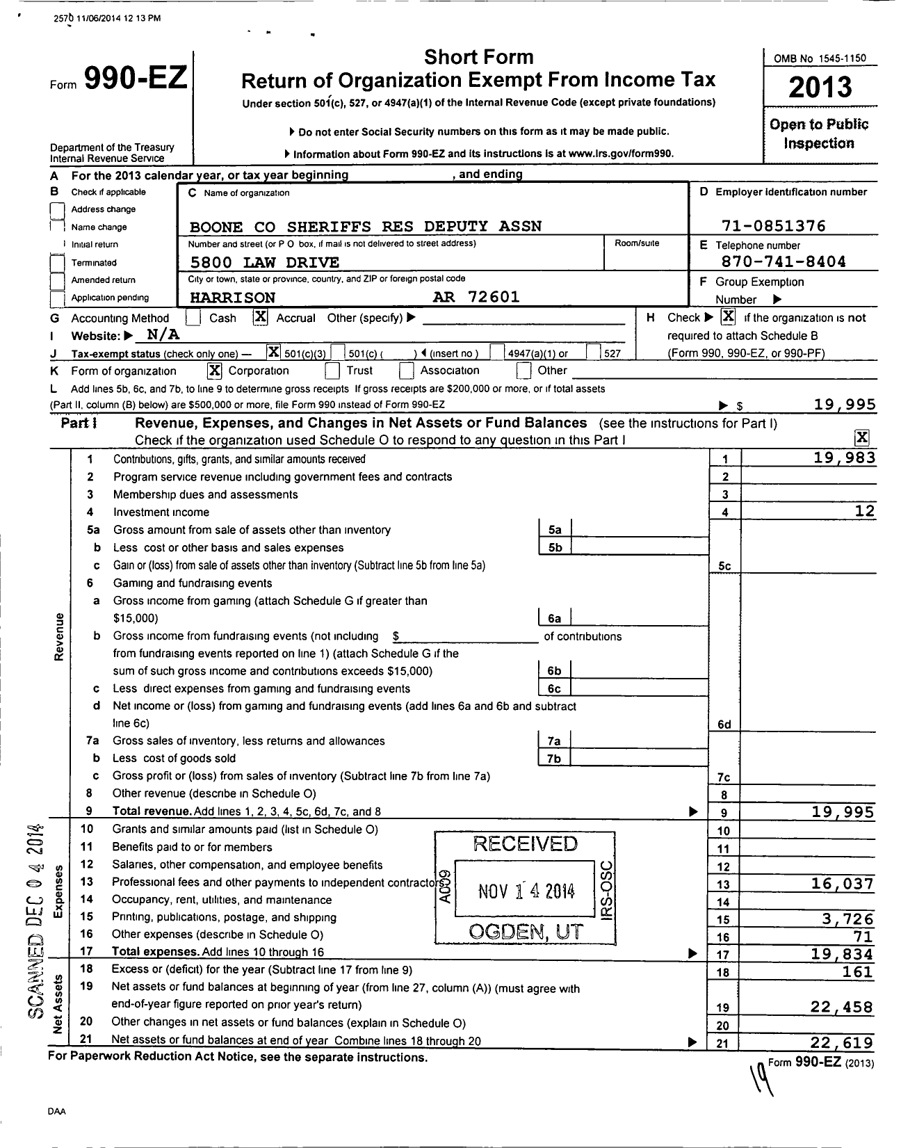 Image of first page of 2013 Form 990EZ for Boone County Sheriffs Reserve Deputy Association