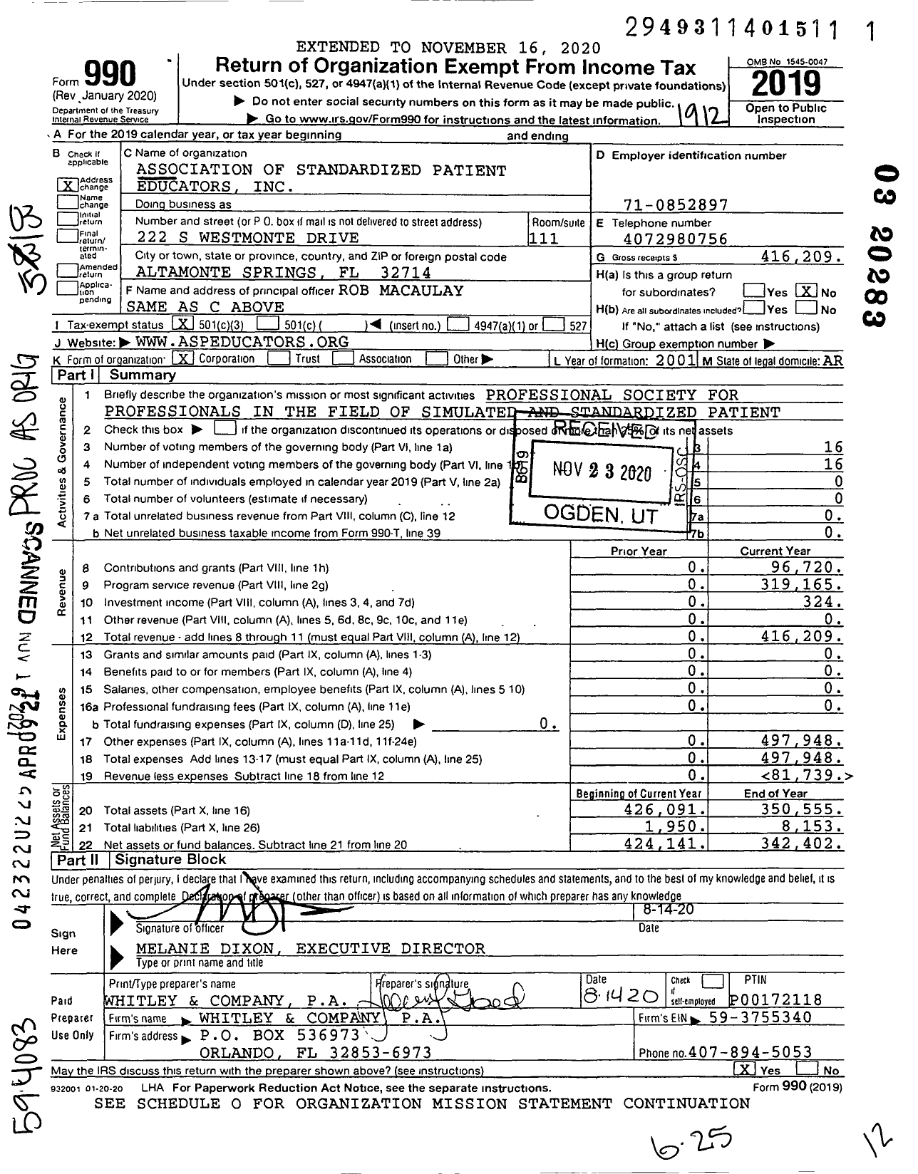 Image of first page of 2019 Form 990 for Association of SP Educators