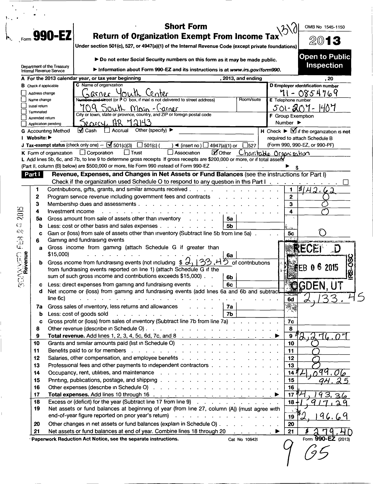 Image of first page of 2013 Form 990EZ for Garner Youth Center