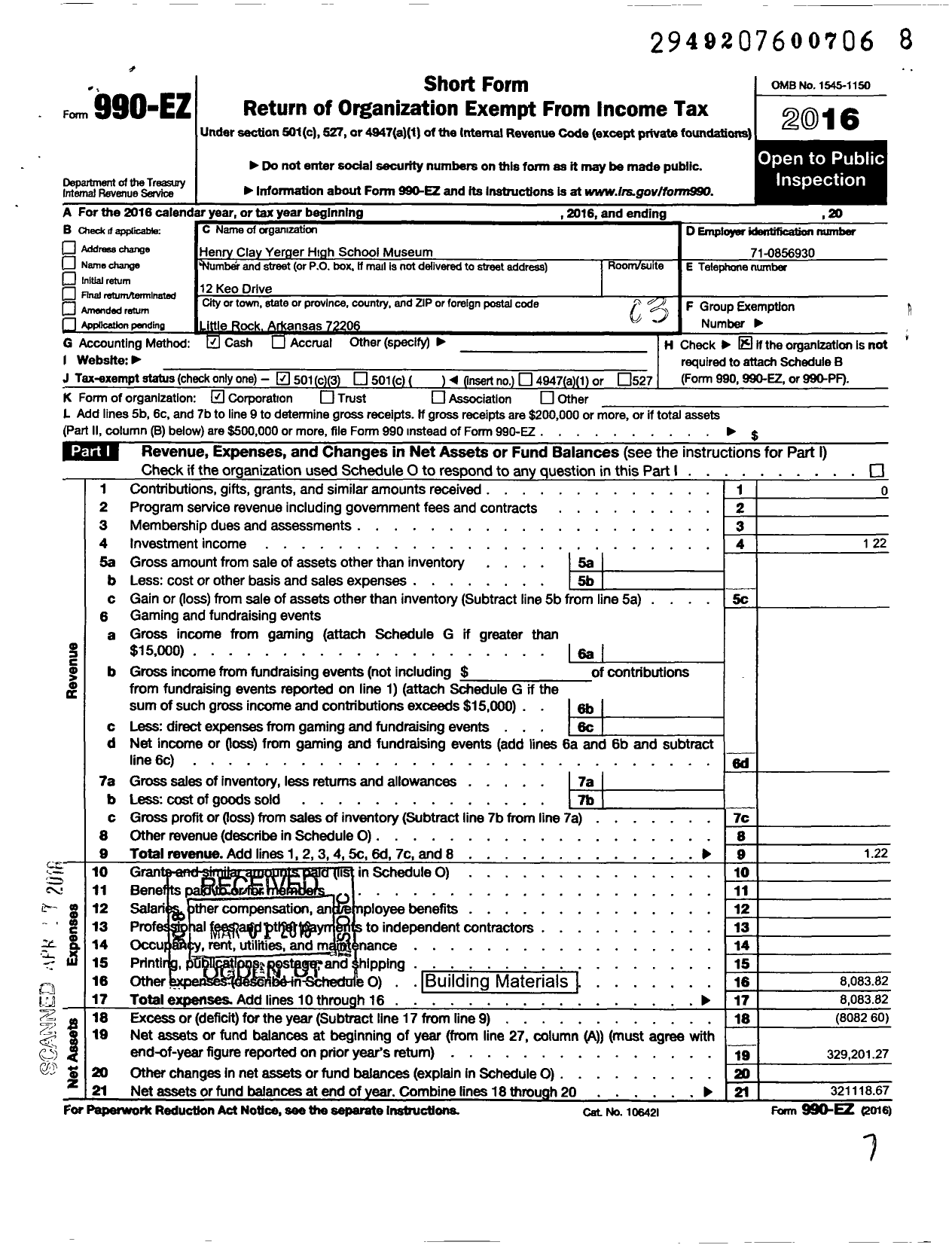 Image of first page of 2016 Form 990EZ for Henry Clay Yerger High School Museum