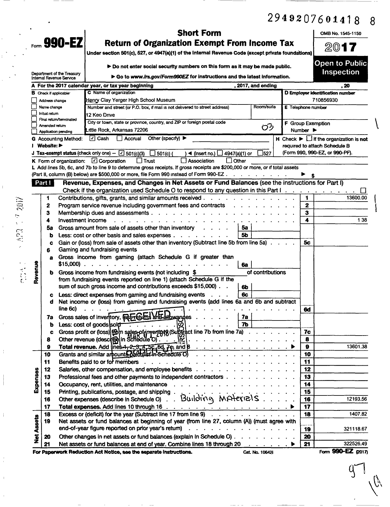 Image of first page of 2017 Form 990EZ for Henry Clay Yerger High School Museum