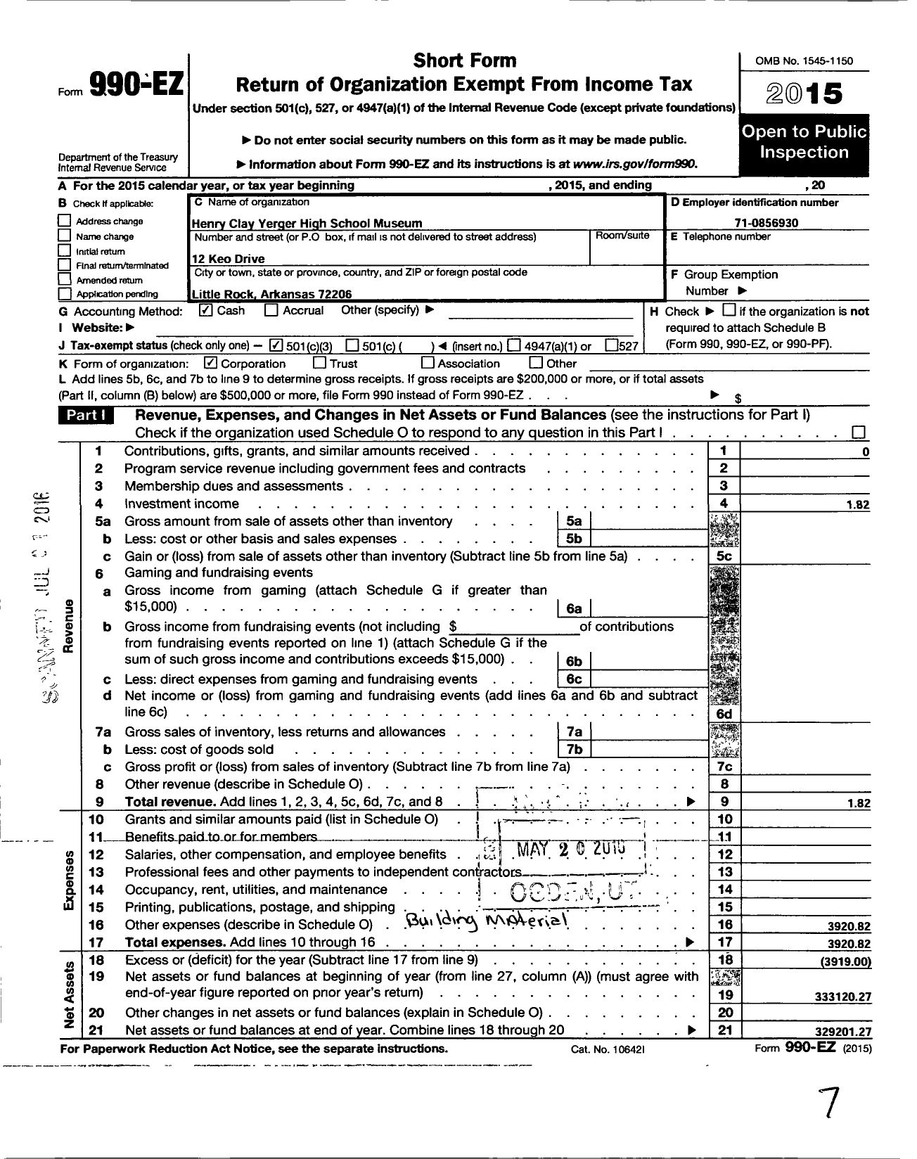 Image of first page of 2015 Form 990EZ for Henry Clay Yerger High School Museum