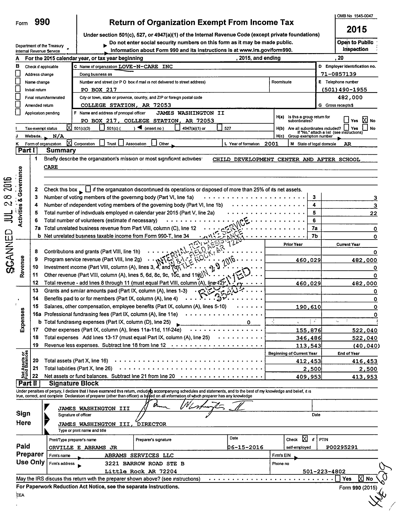 Image of first page of 2015 Form 990 for Love N Care Daycare