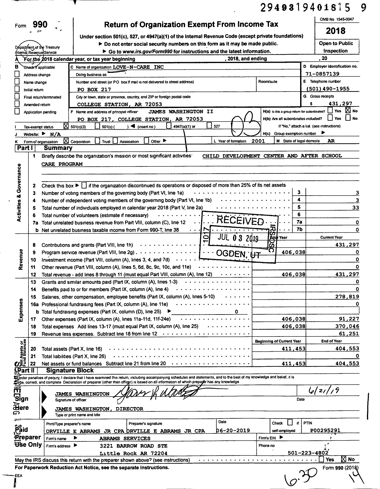 Image of first page of 2018 Form 990 for Love N Care Daycare