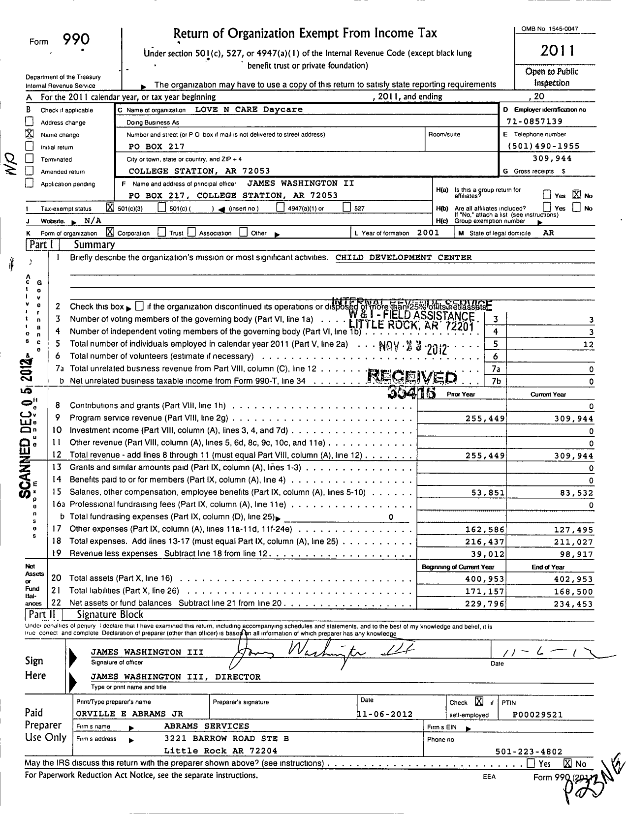 Image of first page of 2011 Form 990 for Love N Care Daycare