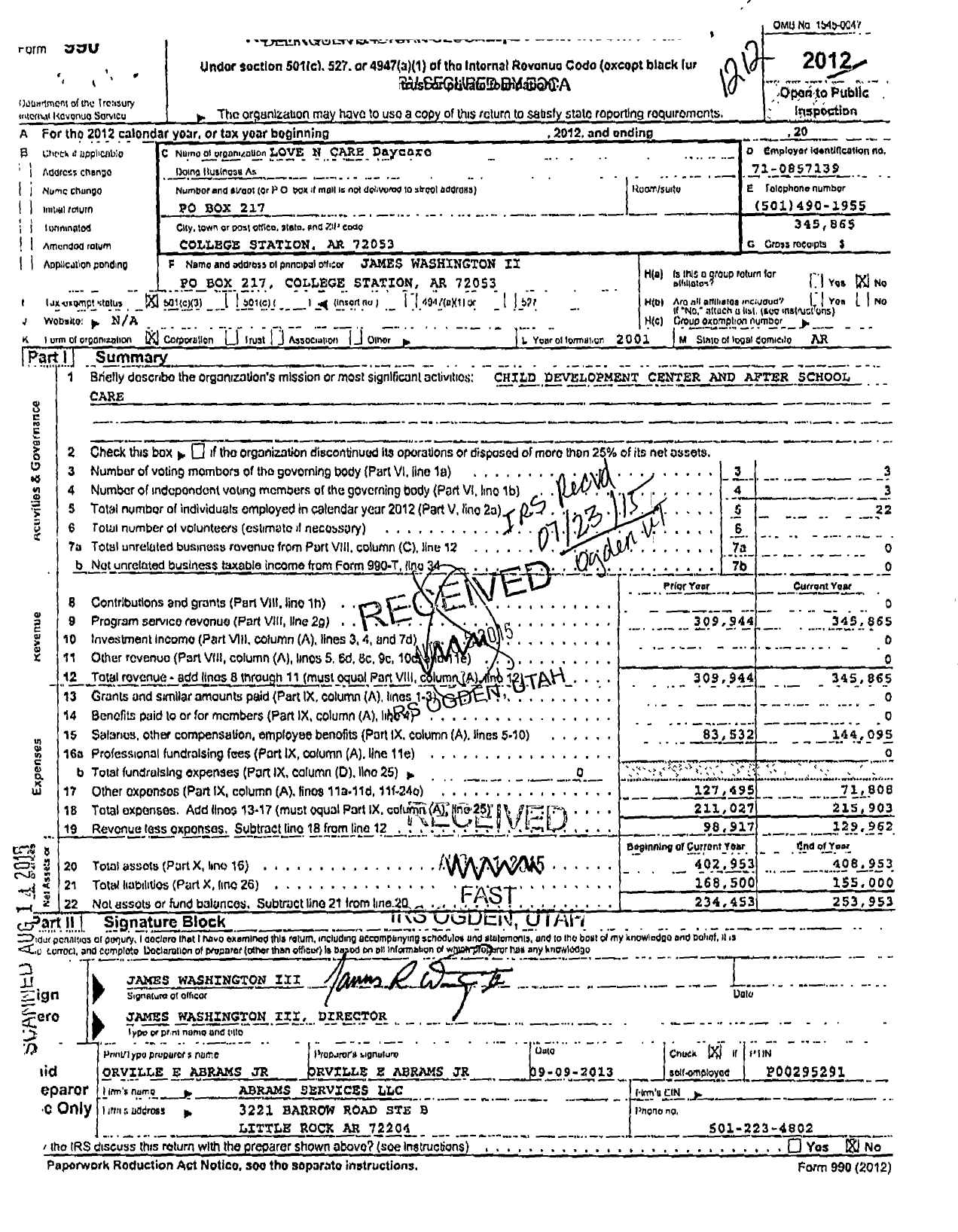 Image of first page of 2012 Form 990 for Love N Care Daycare