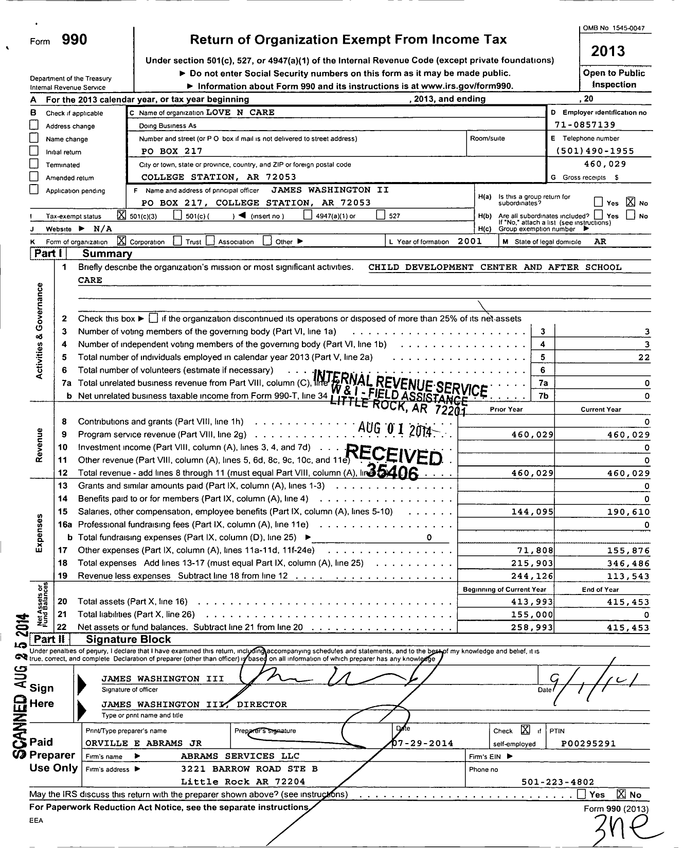 Image of first page of 2013 Form 990 for Love N Care Daycare