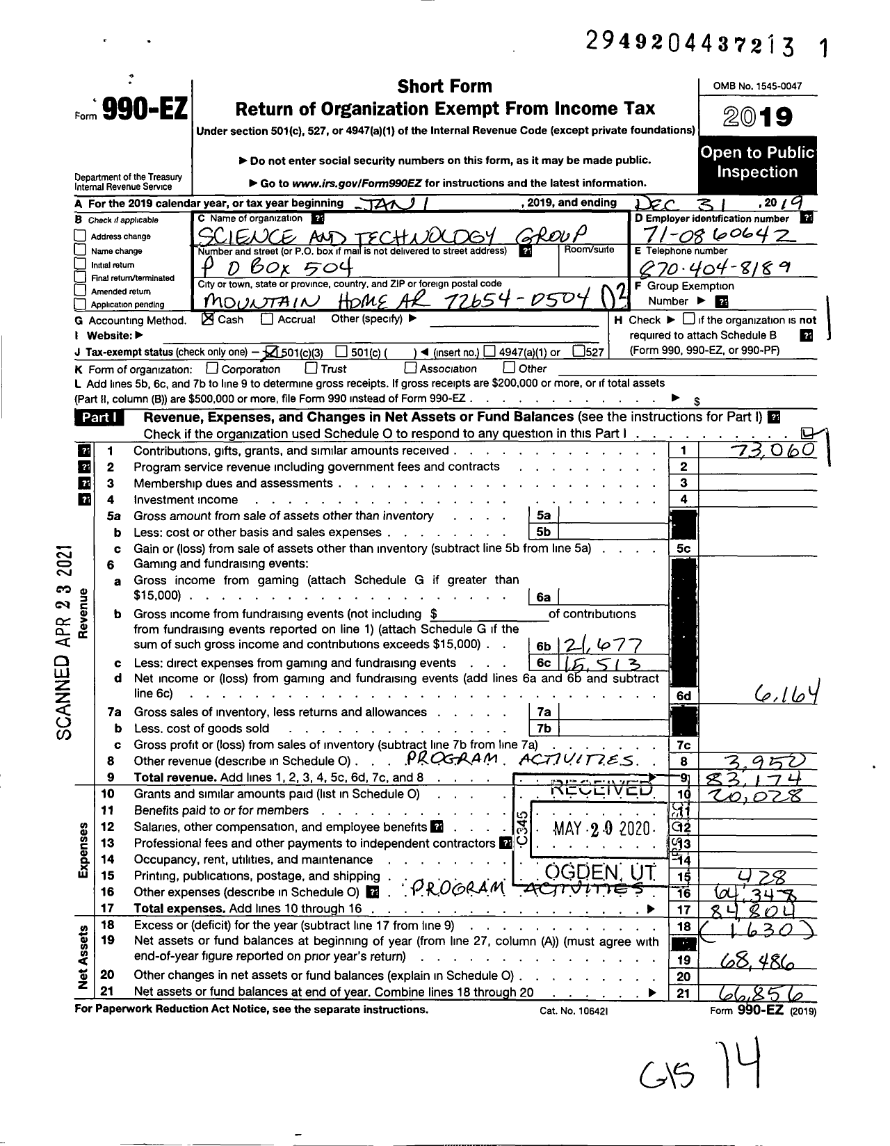 Image of first page of 2019 Form 990EZ for Science and Technolgy Group