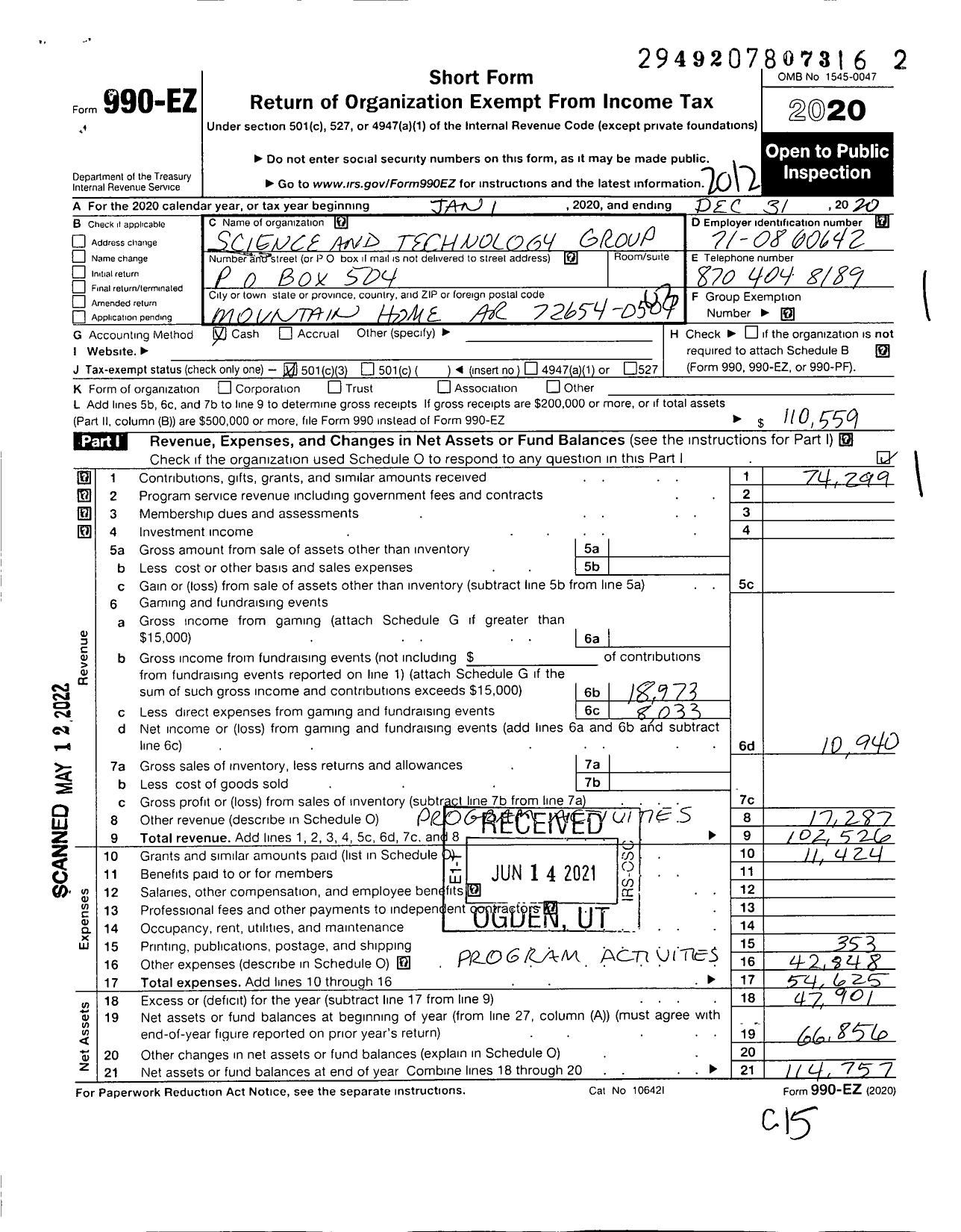 Image of first page of 2020 Form 990EZ for Science and Technolgy Group