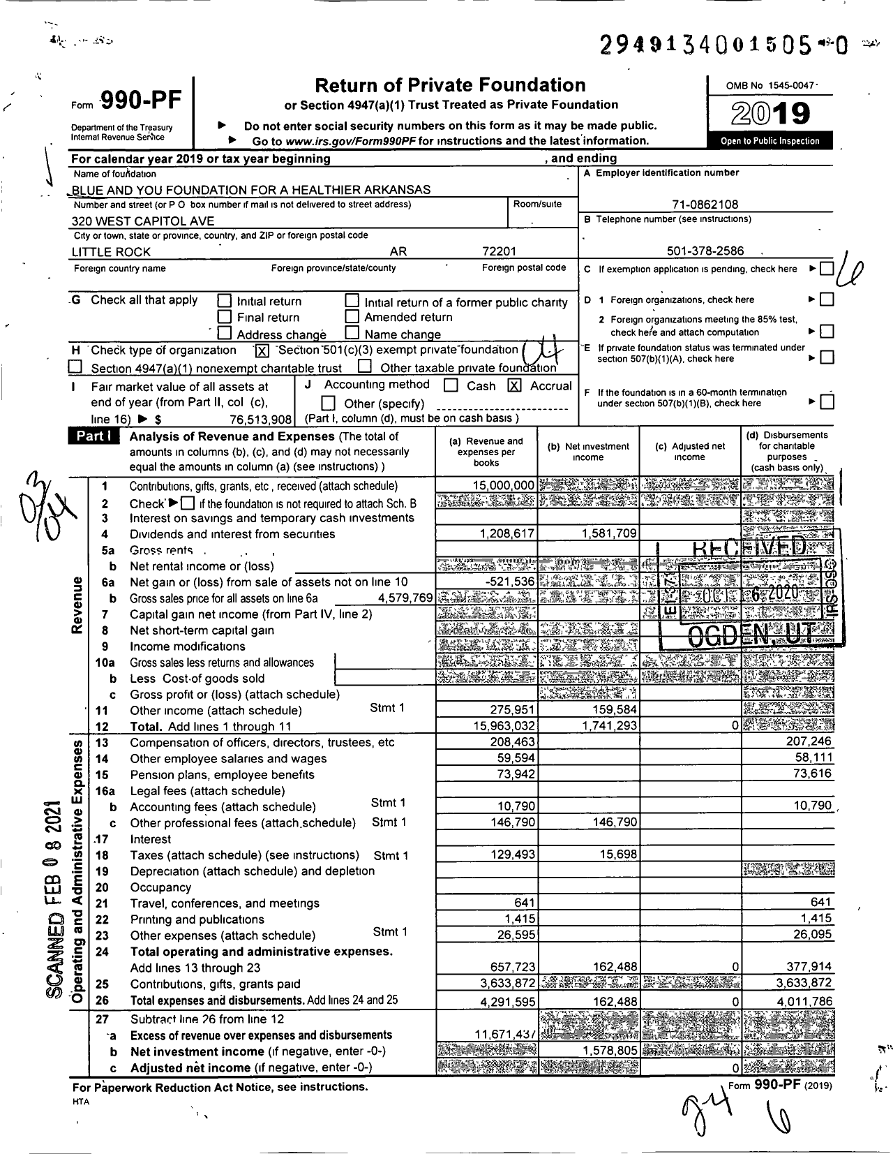 Image of first page of 2019 Form 990PF for Blue and You Foundation for A Healthier Arkansas