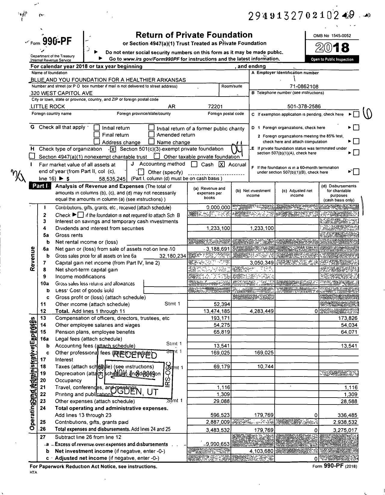 Image of first page of 2018 Form 990PF for Blue and You Foundation for A Healthier Arkansas