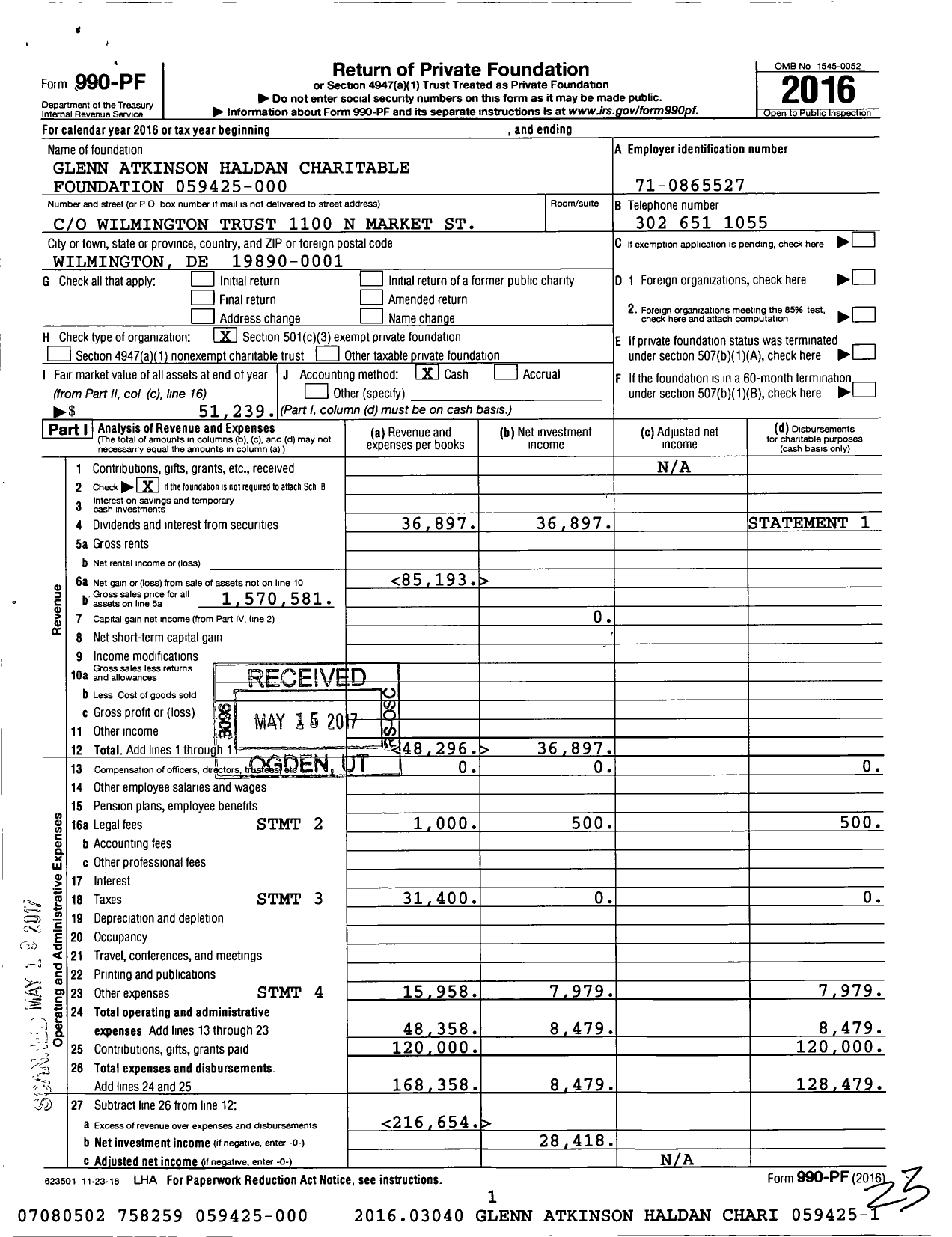 Image of first page of 2016 Form 990PF for Glenn Atkinson Haldan Charitable Foundation