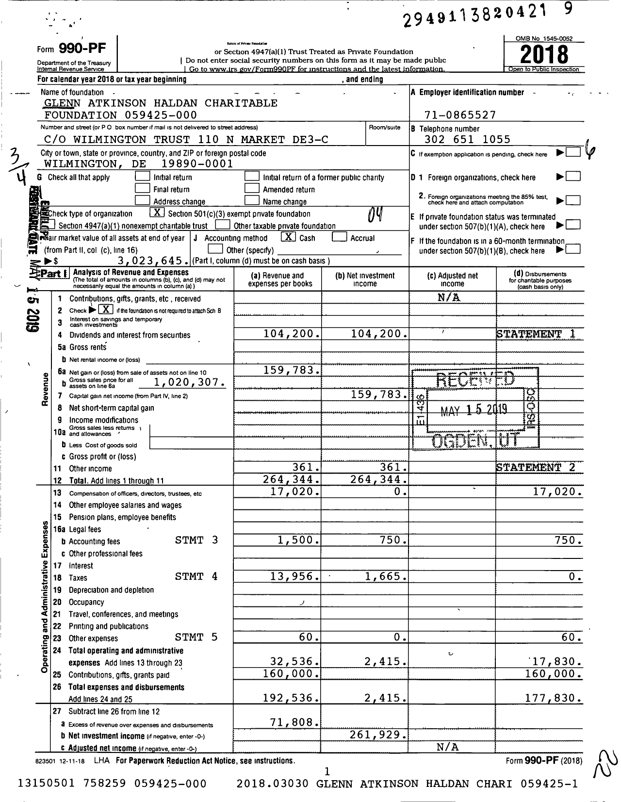 Image of first page of 2018 Form 990PF for Glenn Atkinson Haldan Charitable Foundation