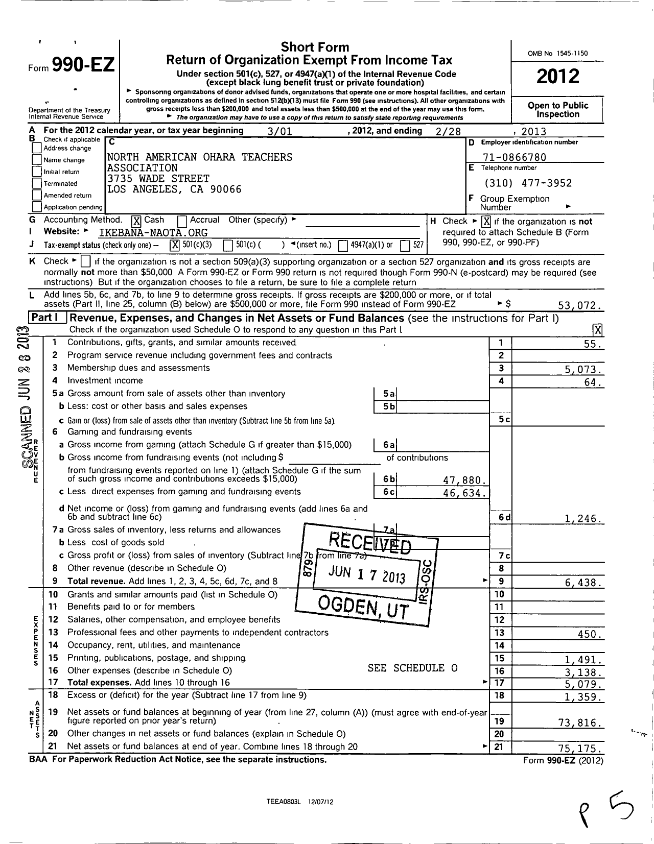 Image of first page of 2012 Form 990EZ for North American Ohara Teachers Association