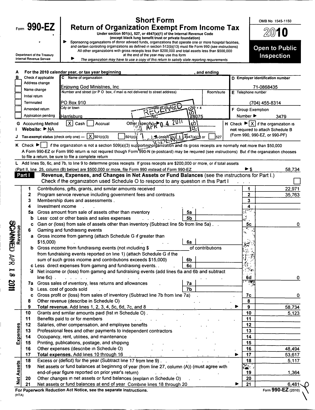 Image of first page of 2010 Form 990EZ for Enjoying God Ministries