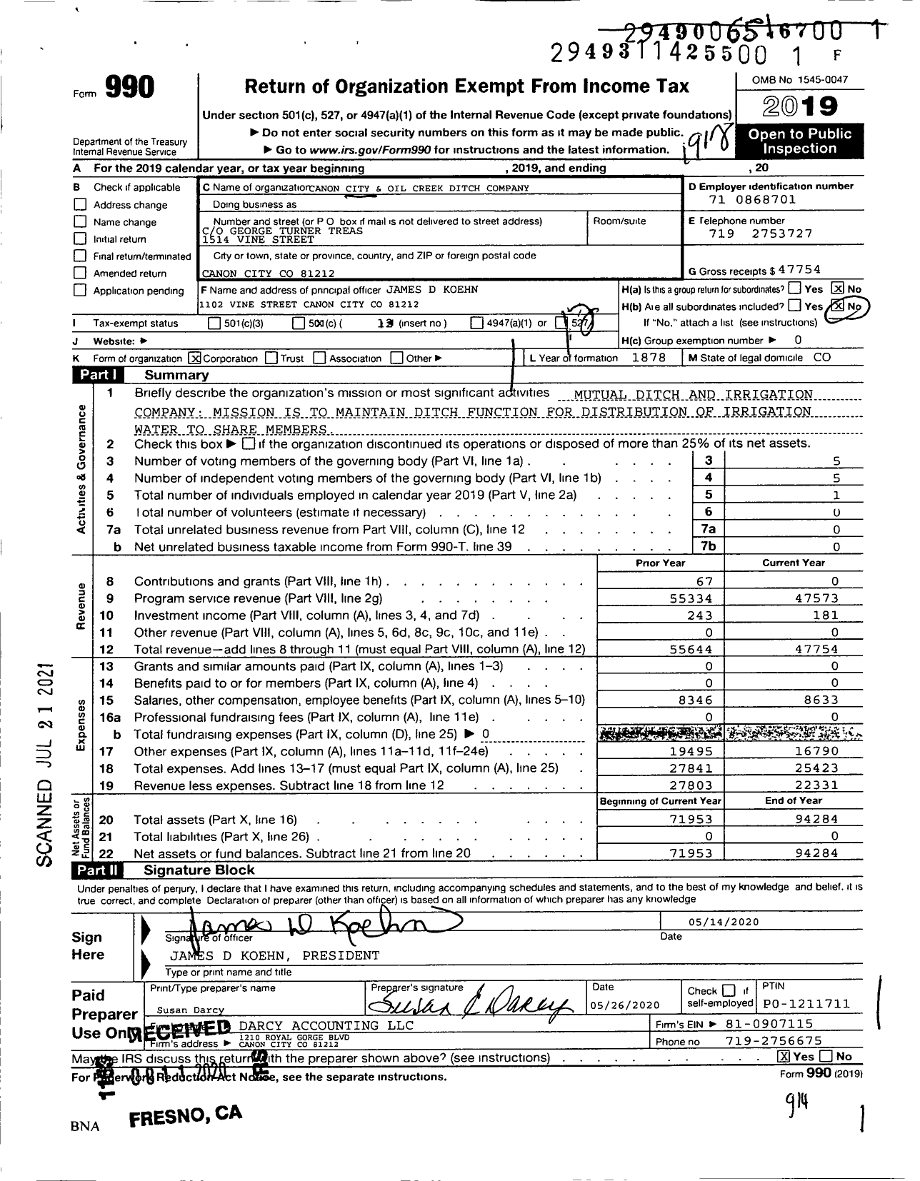 Image of first page of 2019 Form 990O for Canon City & Oil Creek Ditch Company