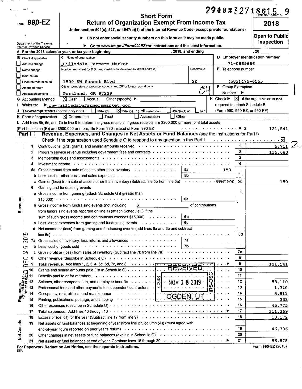 Image of first page of 2018 Form 990EO for Hillsdale Farmers' Market