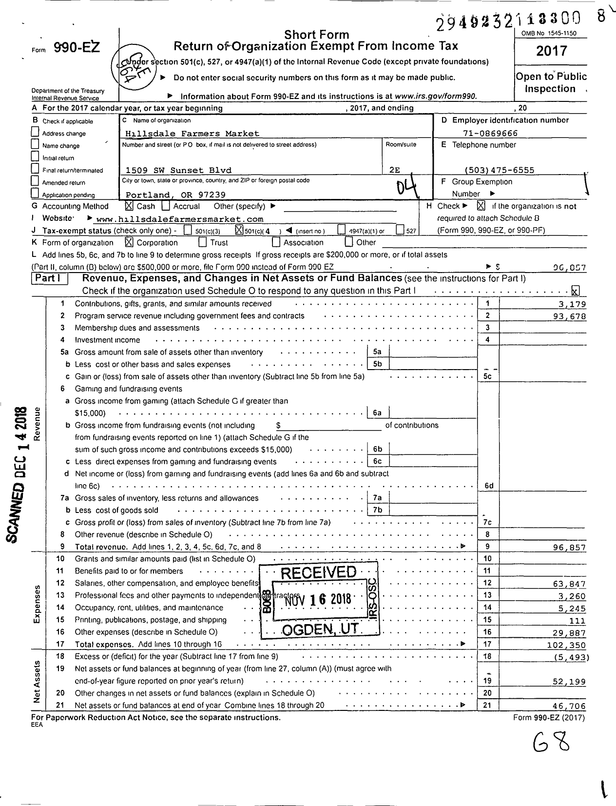 Image of first page of 2017 Form 990EO for Hillsdale Farmers' Market