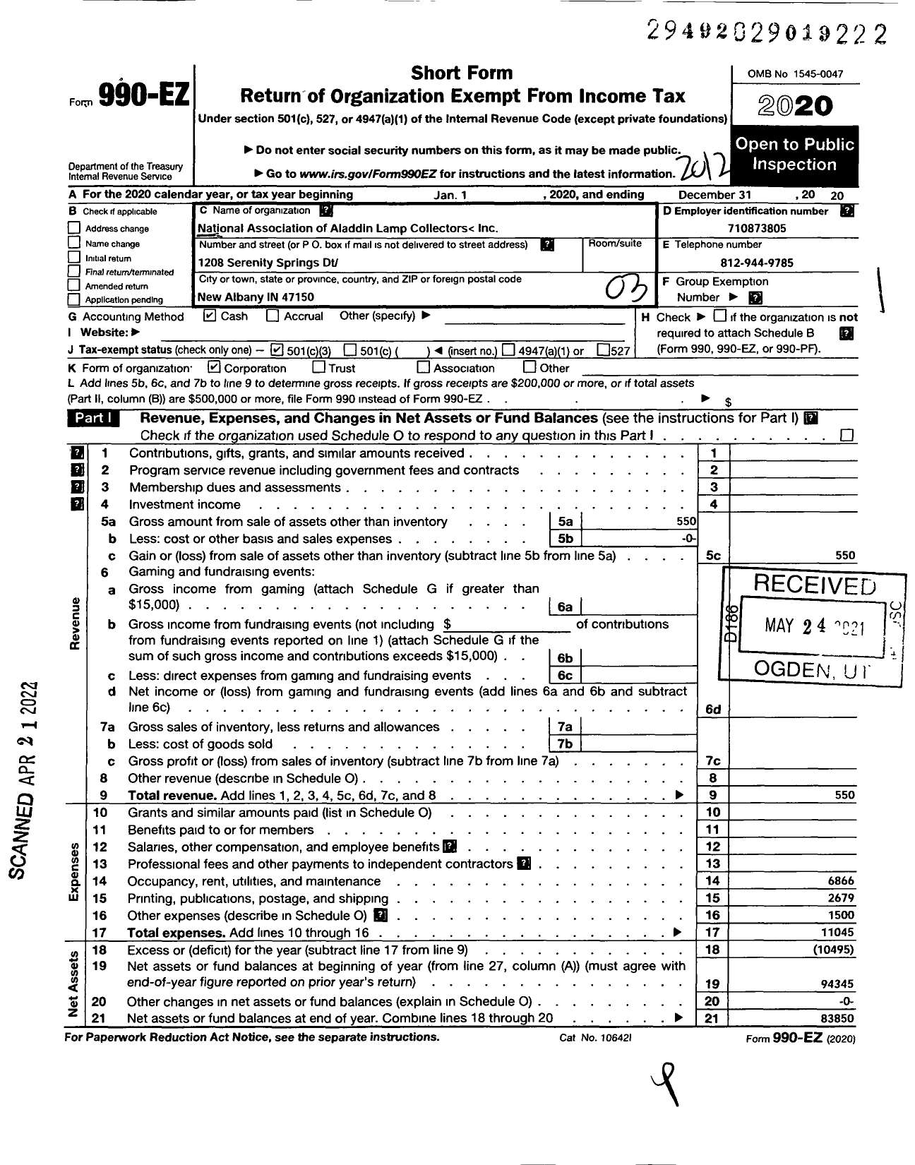 Image of first page of 2020 Form 990EZ for National Association of Aladdin Lamp Collectors