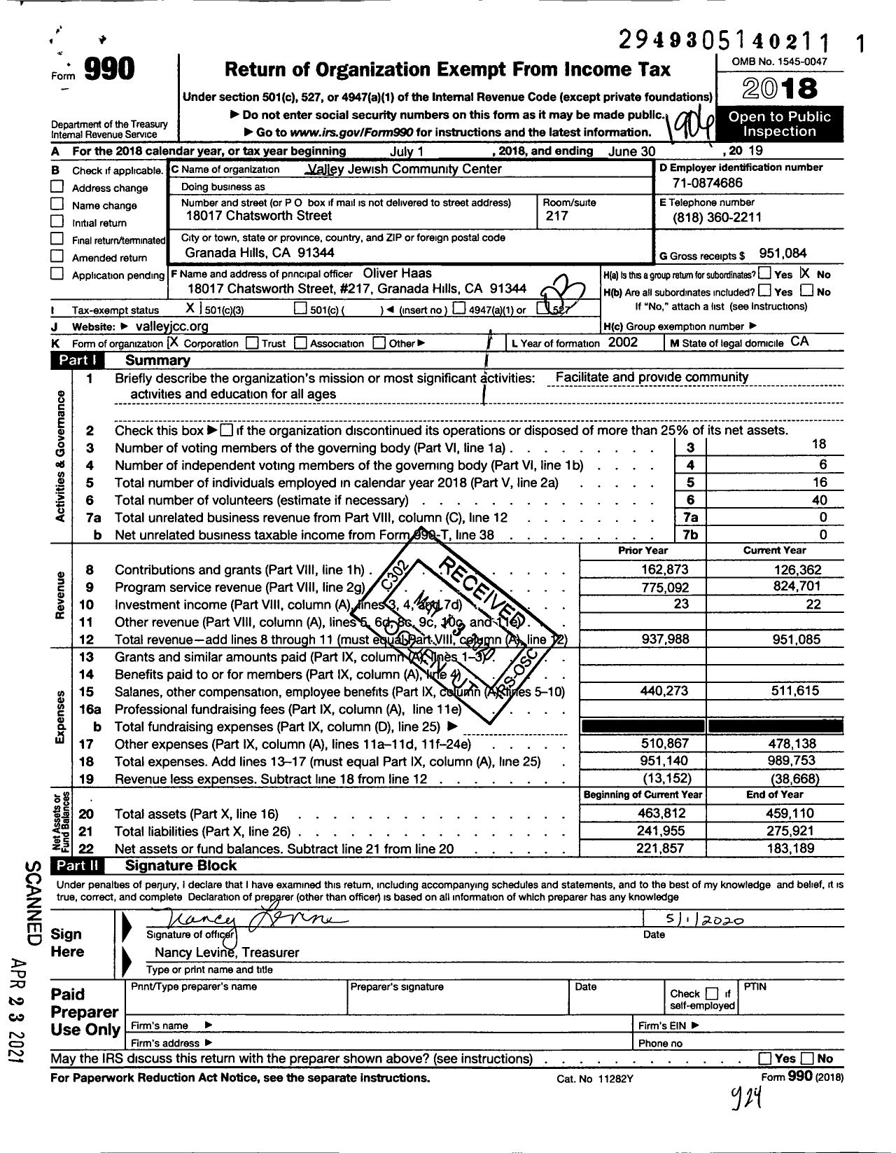 Image of first page of 2018 Form 990 for Valley Jewish Community Center