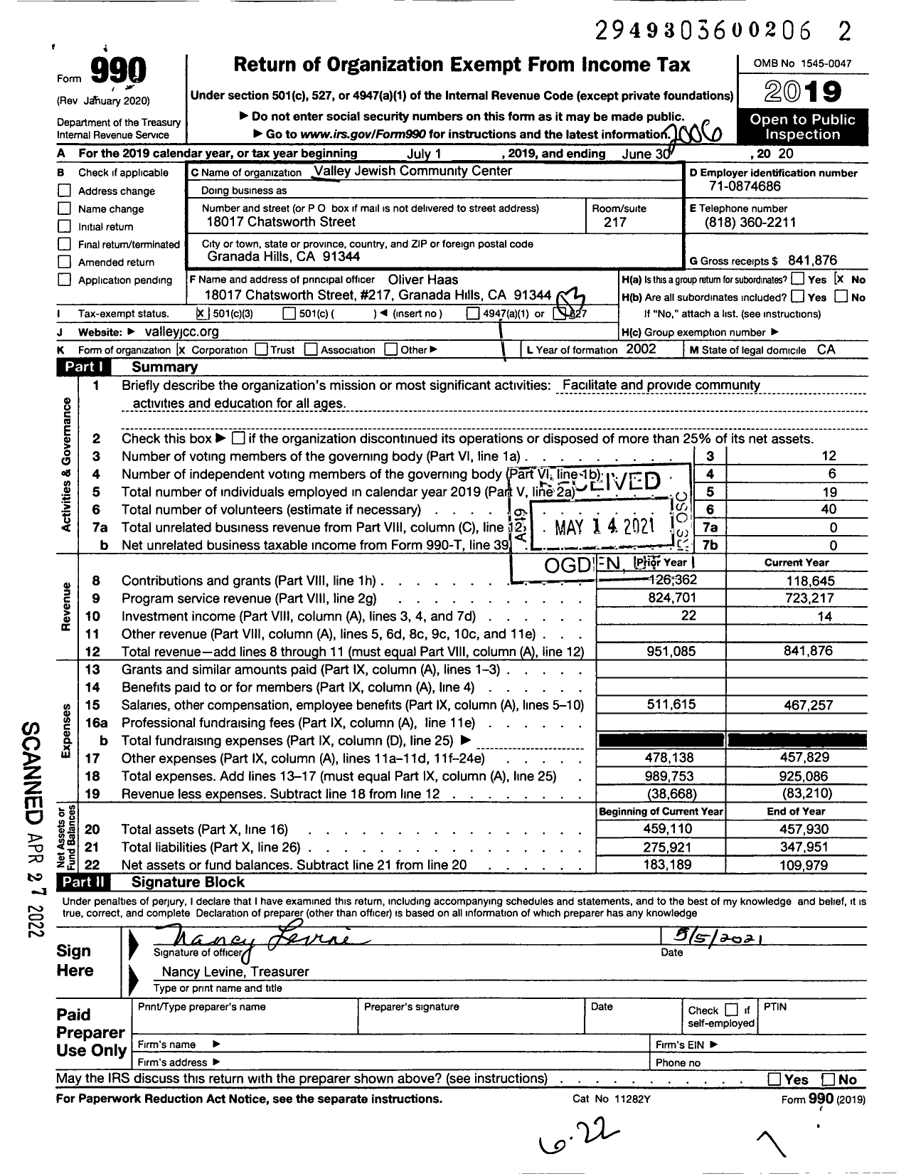Image of first page of 2019 Form 990 for Valley Jewish Community Center