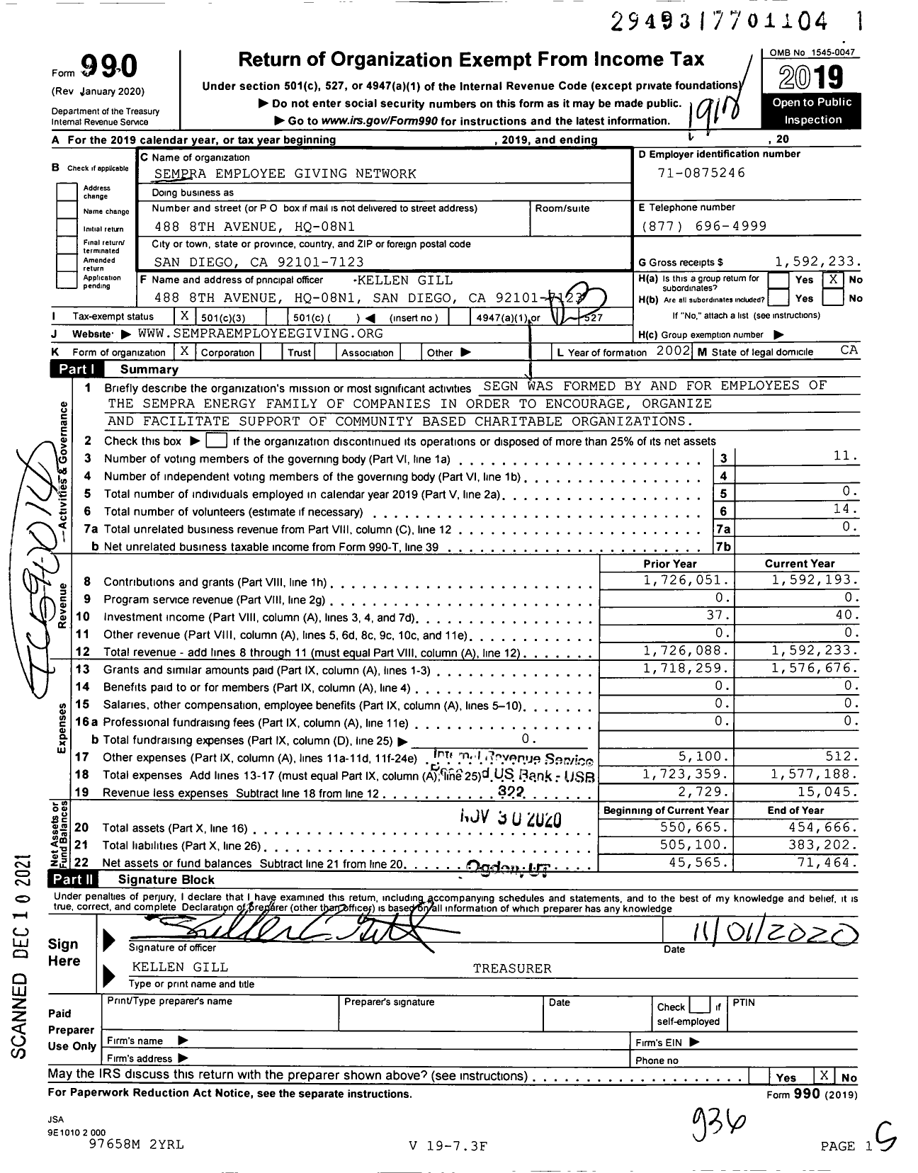 Image of first page of 2019 Form 990 for Sempra Employee Giving Network