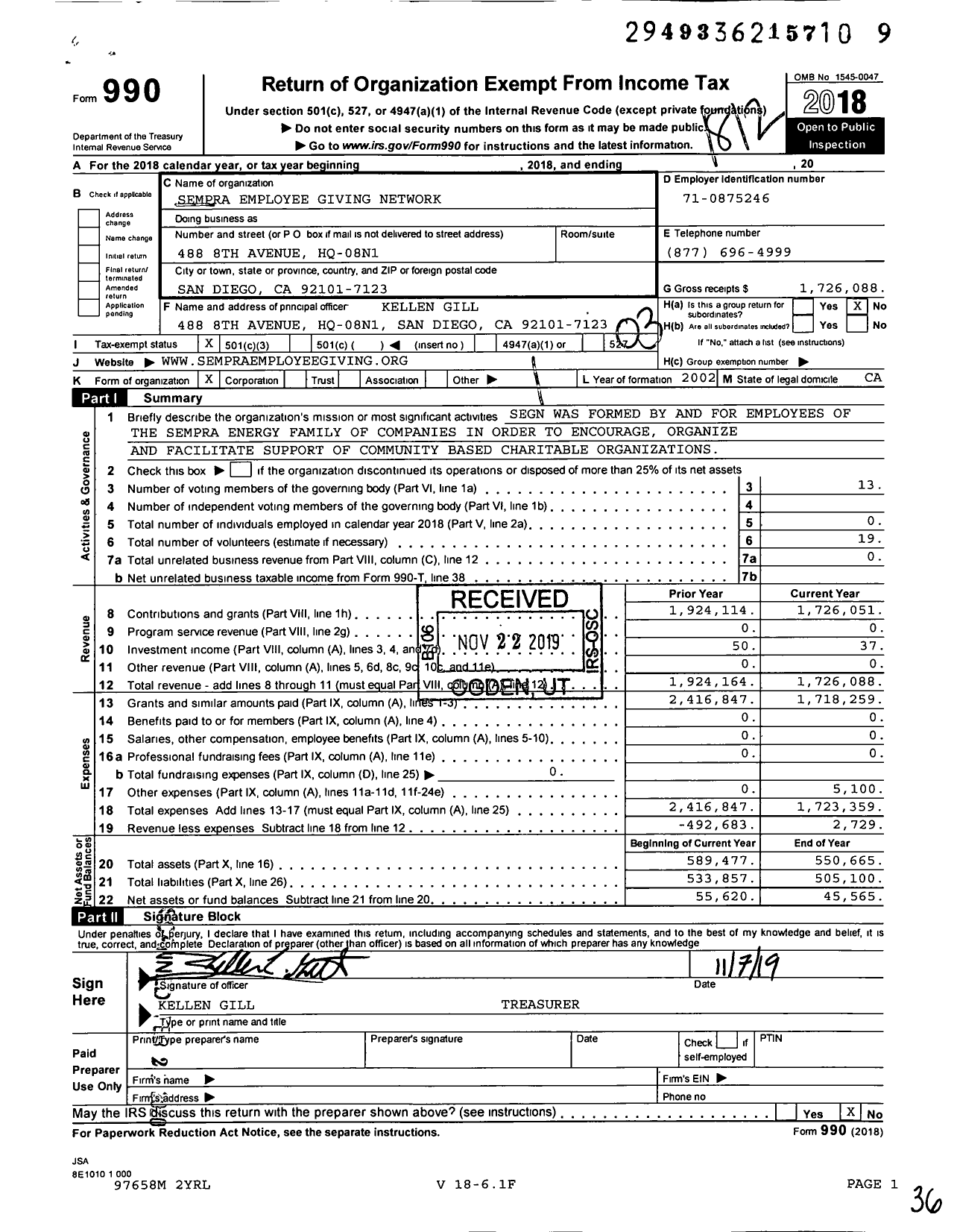 Image of first page of 2018 Form 990 for Sempra Employee Giving Network