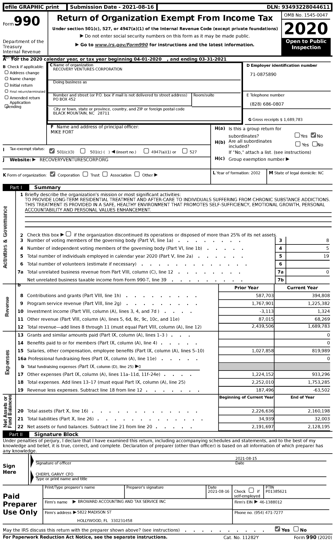 Image of first page of 2020 Form 990 for Recovery Ventures Corporation