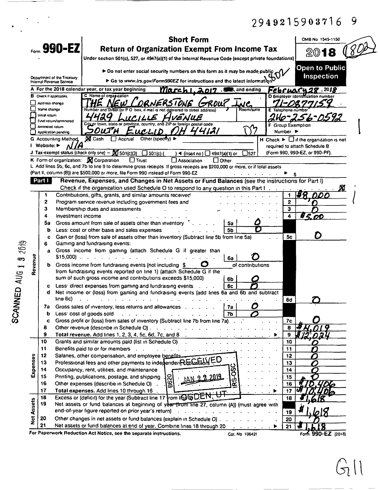 Image of first page of 2017 Form 990EZ for New Cornerstone Group